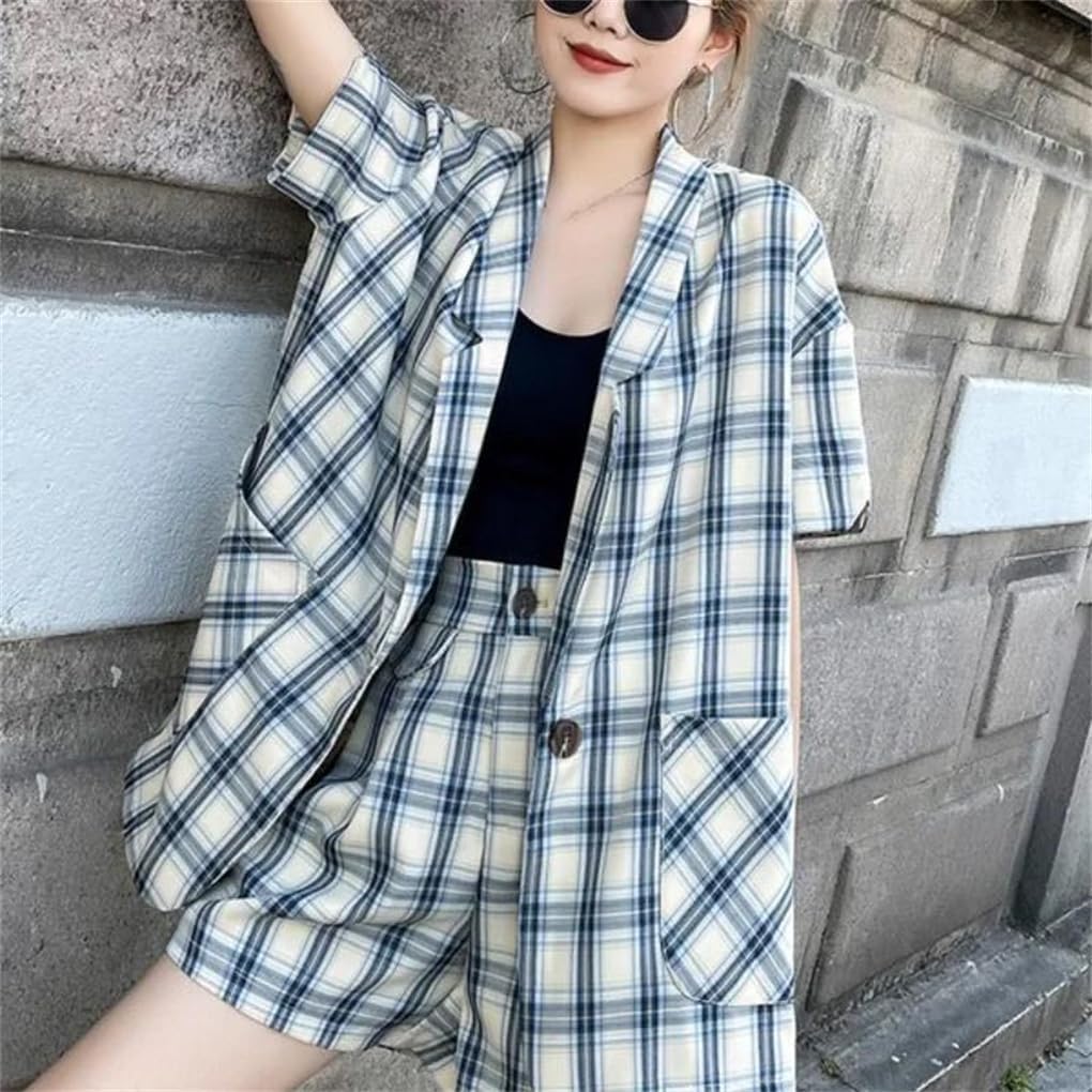 Women Plaid Short Sleeve Blazer Set, Button Pocket Spliced Blazer Slim Shorts Two-Piece Outfits