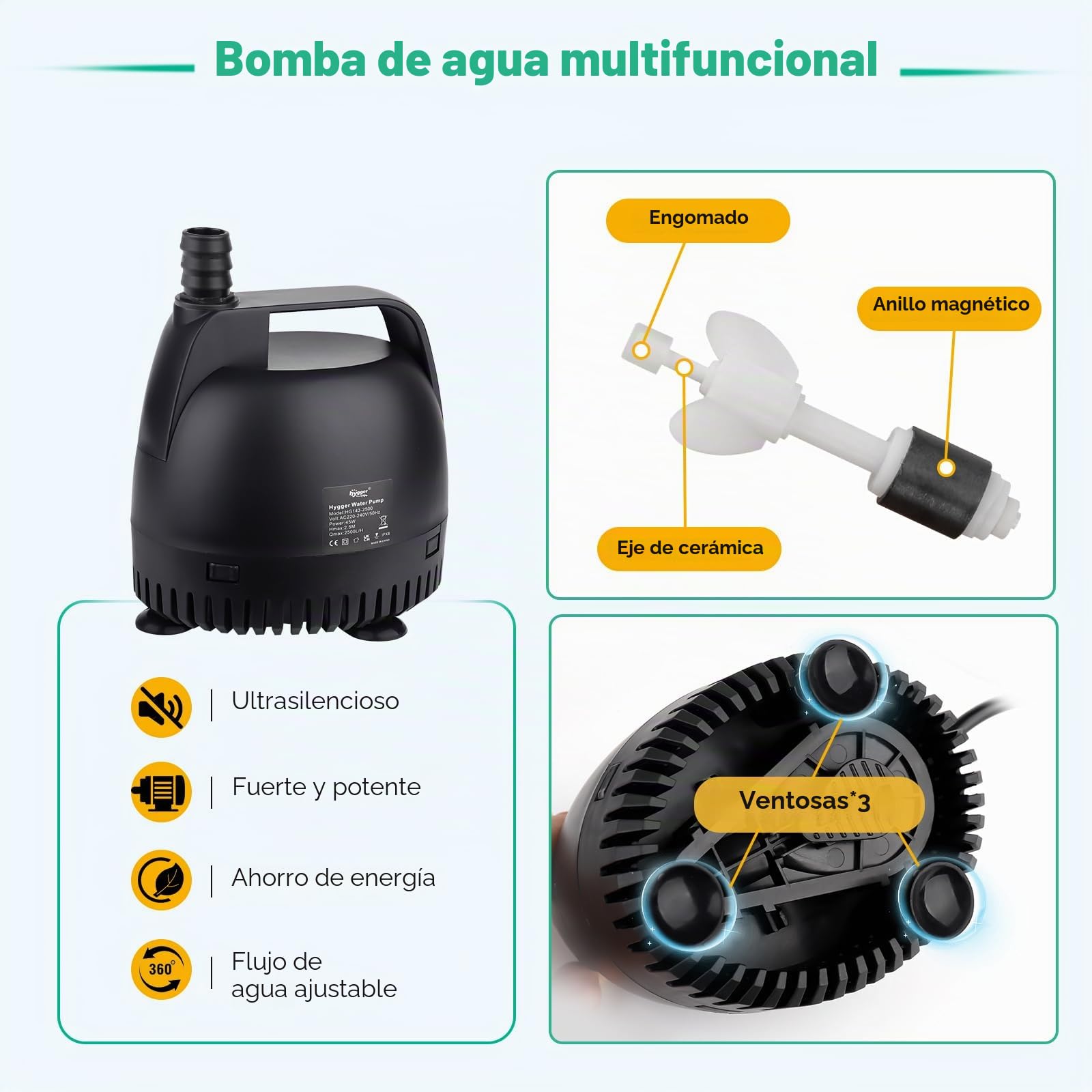 Hygger Bomba de Agua Sumergible, 2500L/H, Bomba de Agua Pequeña para Fuente, Acuario y Fountain Pond, 45W con 2 Boquillas, Negro