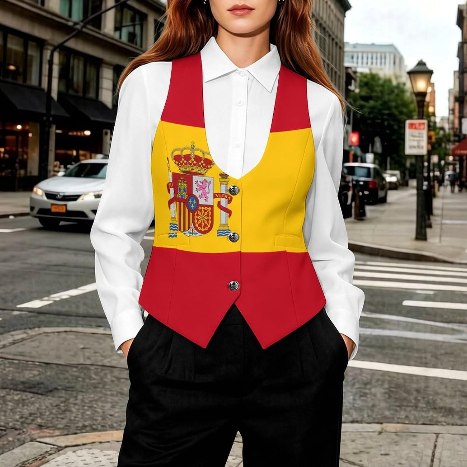 Spain Flag Women's Tuxedo Waistcoat Suit Vest | 3 Button V-Neck Slim Fit Casual Sleeveless Top