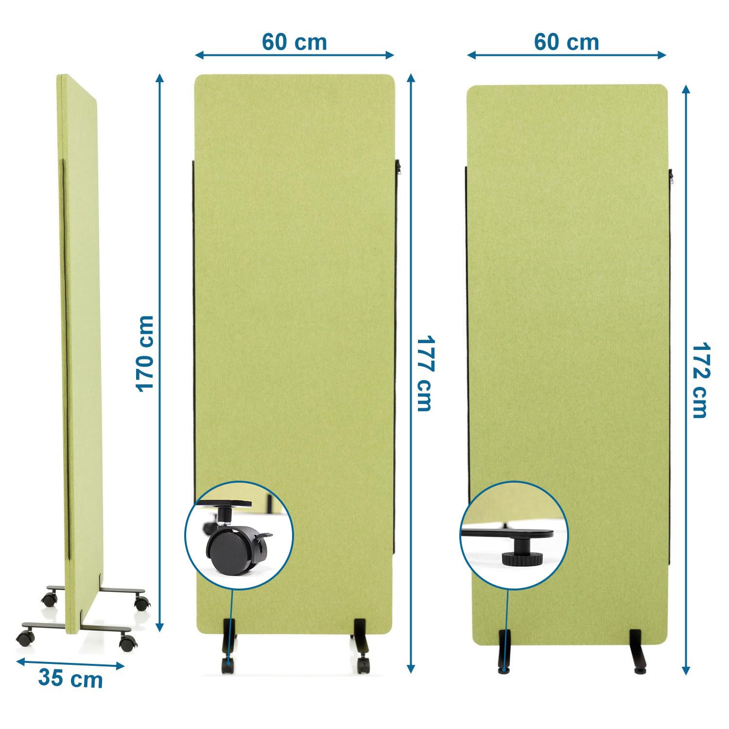 hjh OFFICE 891005 Cloison de Séparation Acoustique Mobiles FLEXMIUT 177 x 60 cm, Panneau Central avec roulettes et Patins, Tissu Vert