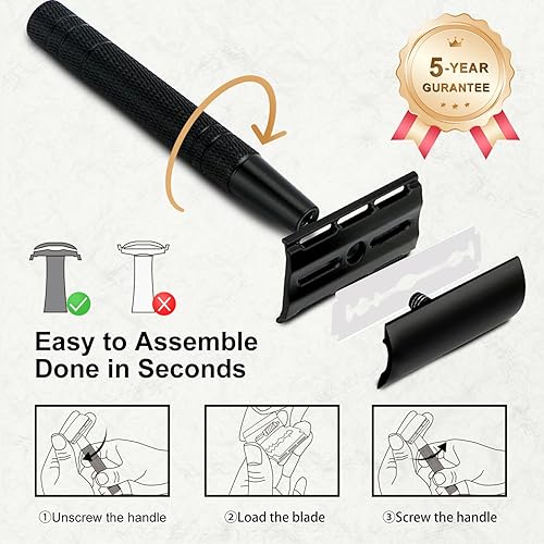 Miniatura 5 de Maquinilla de afeitar de seguridad de doble filo negro mate con soporte para hombres, maquinilla de afeitar DE de metal reutilizable con 10