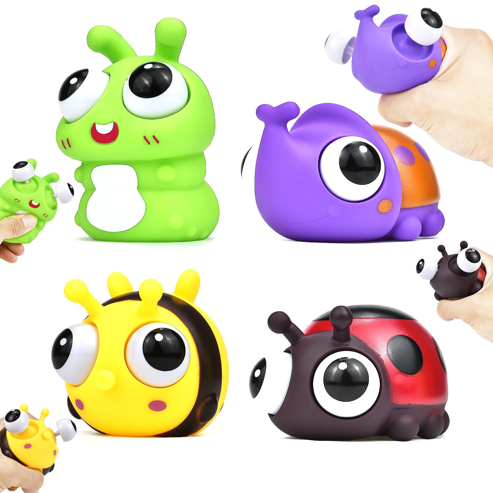 4 Pack Insect Fidget Toys with Pop-Out Eyes, Squeeze Sensory Toys for Kids & Adults, Fidget Toys for Kids, Stress Relief Anxiety Relief Toys for Autism (insect 4-PACK)