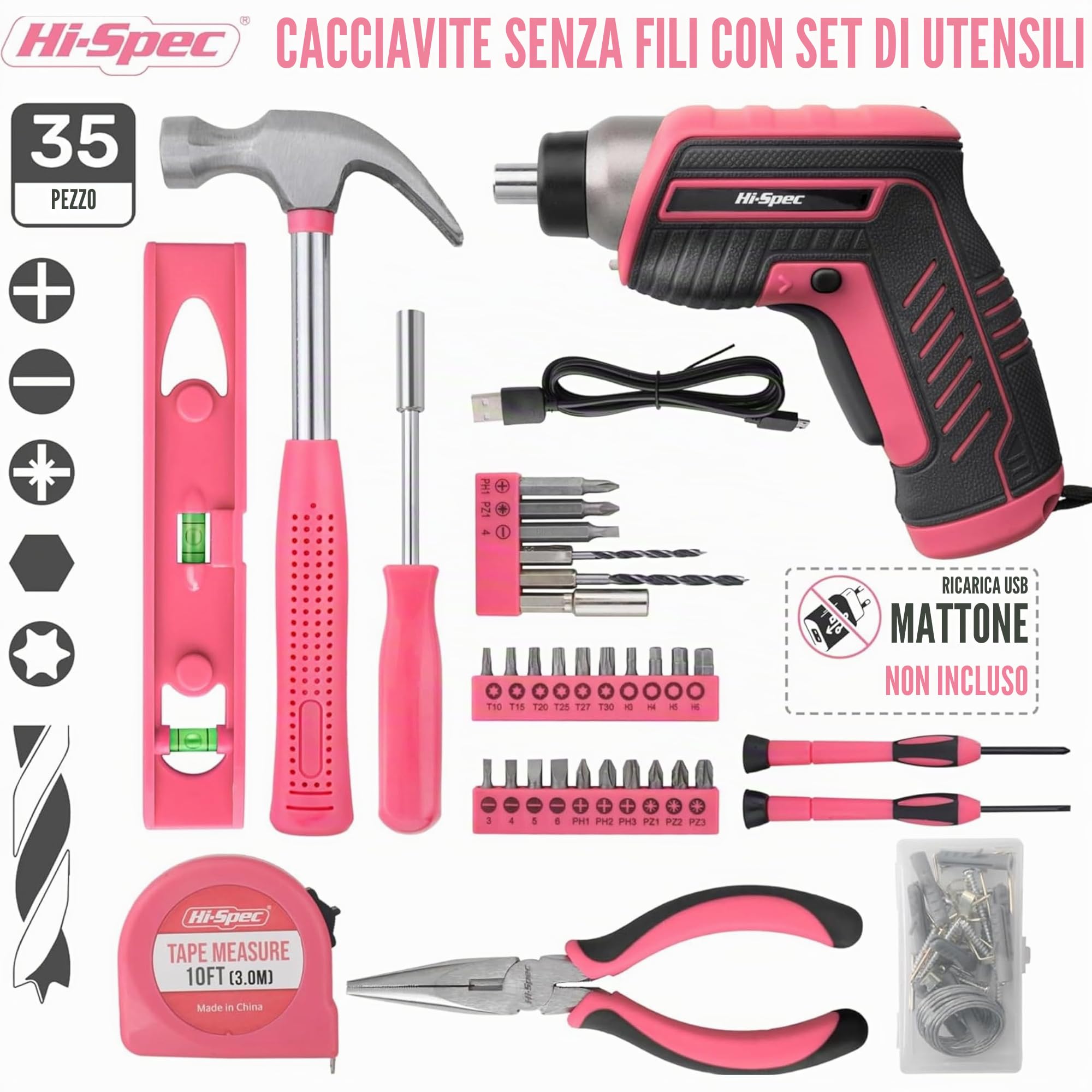 Hi-Spec Avvitatore Elettrico 3.6V USB, Kit Riparazioni Domestiche, Rosa | montaggi e riparazioni più rapidi, controllo facile e uso intuitivo, design leggero per lavorare senza fatica, 35 pc