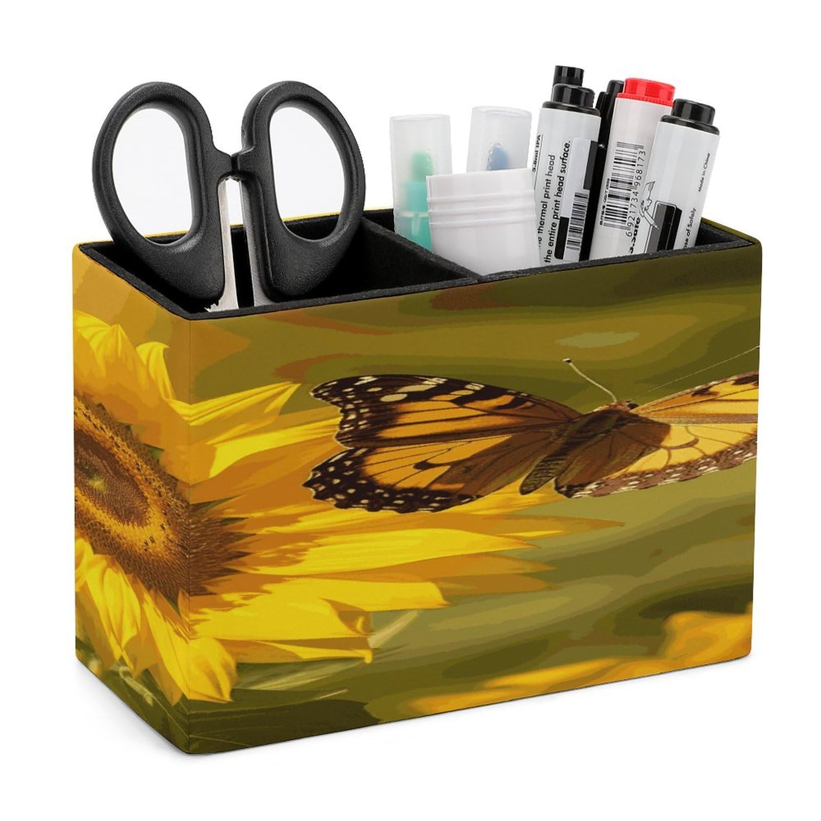 LDGSUPH Sunflower Butterfly Sunny Leather Pen Holder for Desk Organizer Caddy Large Pencil Cup Multi-function Pencil Holder Makeup Brush Holders Pen Organizer for Home Office Storage Box