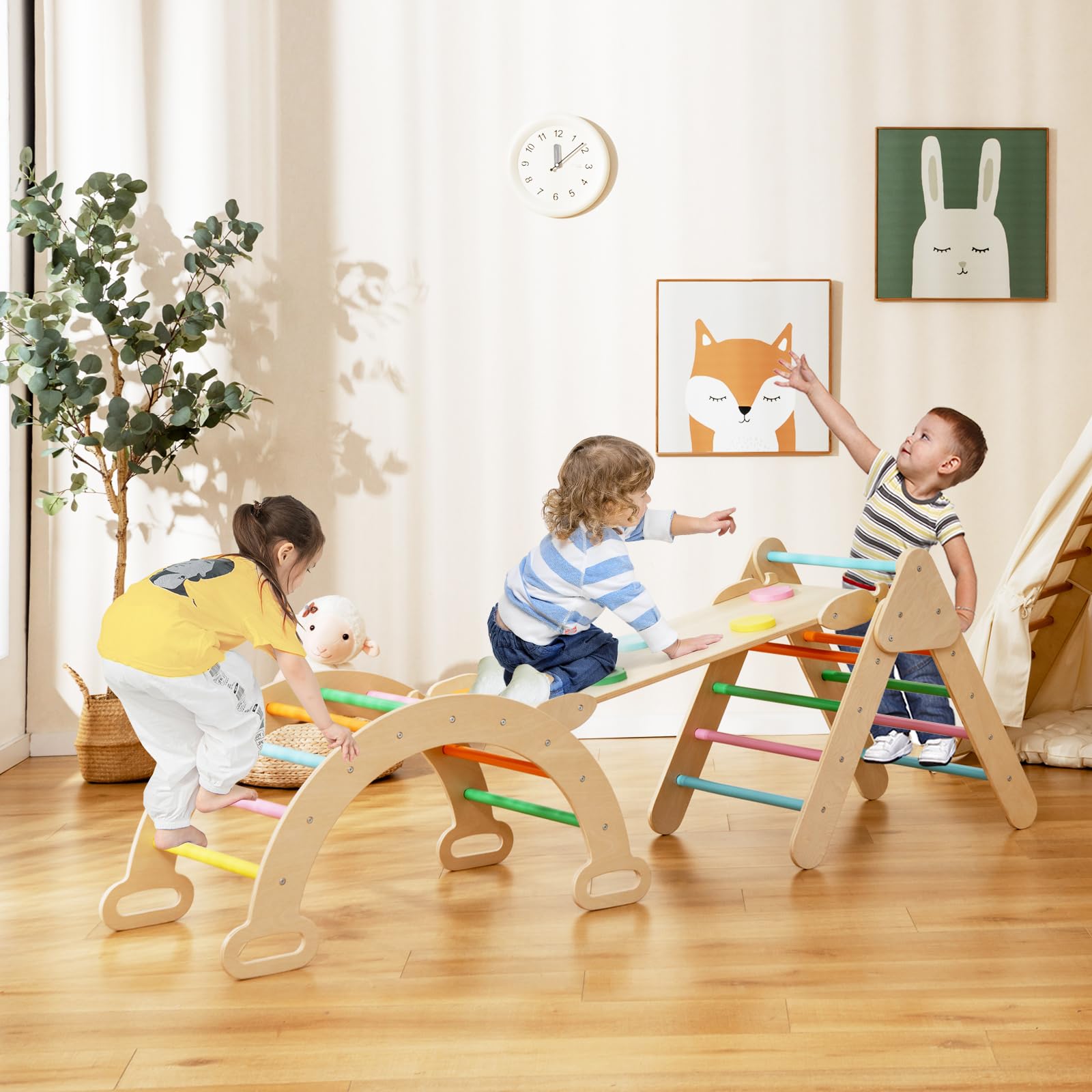 HOMASIS Triángulo de Escalada Multiusos 3 en 1 para niños, Juguetes Montessori con Tobogán Rampa Arco, Juego de Escalada con Slide Aprendizaje para Guardería Casa, para niños de 1+ año (Multicolor)