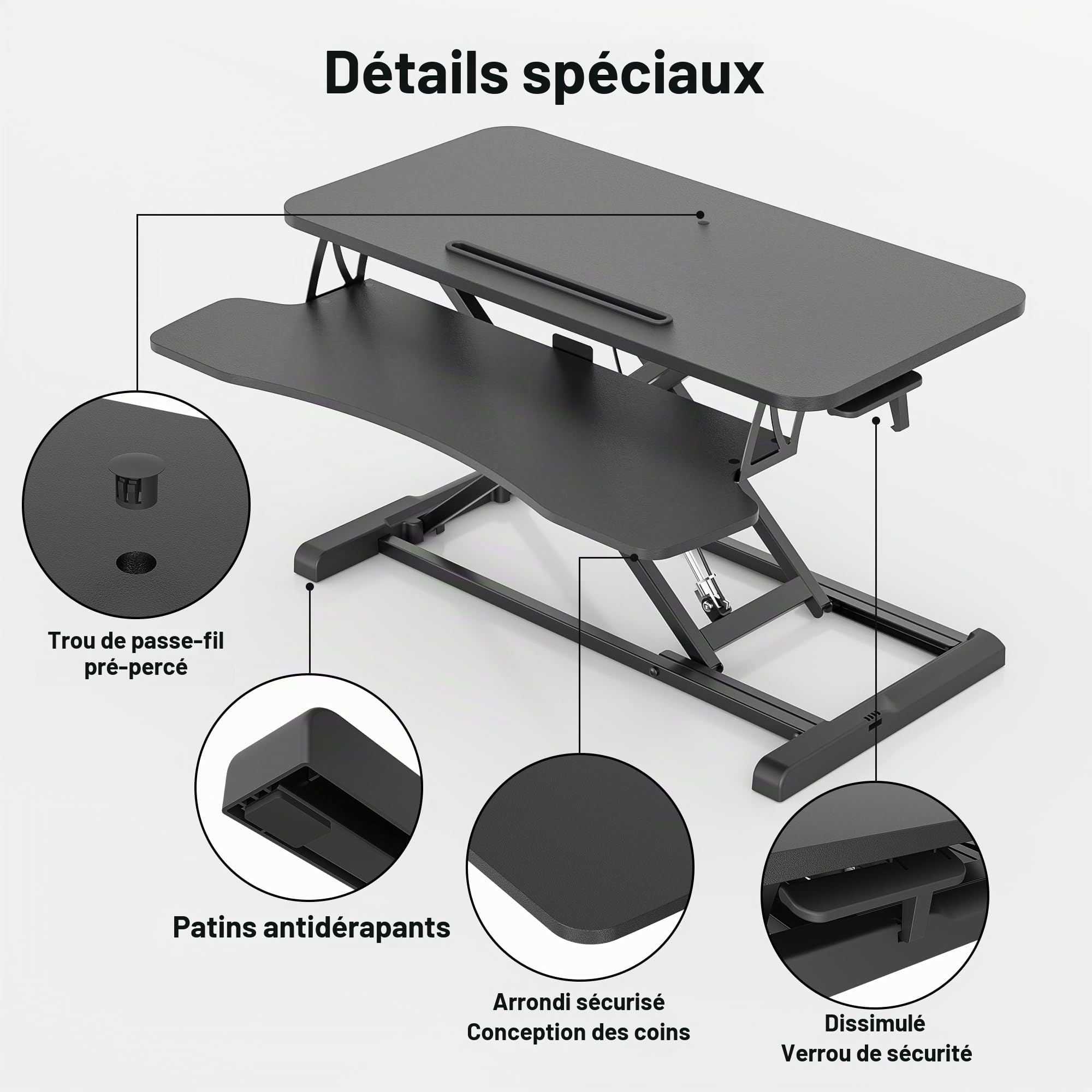 BONTEC Bureau Assis-Debout Réglable en Hauteur, Convertisseur de Bureau Standing Desk avec Plateau Clavier Amovible, Plateforme 80x40cm, Capacité 15kg, Bureau Travail Debout, Rehausseur Bureau