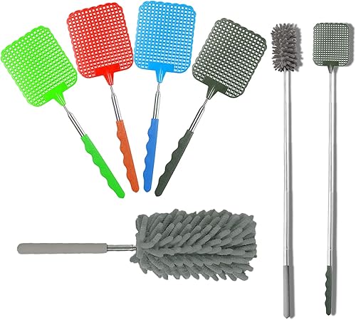 Matamoscas retráctiles, matamoscas de plástico duradero, juego de 4 con plumero de plumas de microfibra extensible, matamoscas telescópico con mango