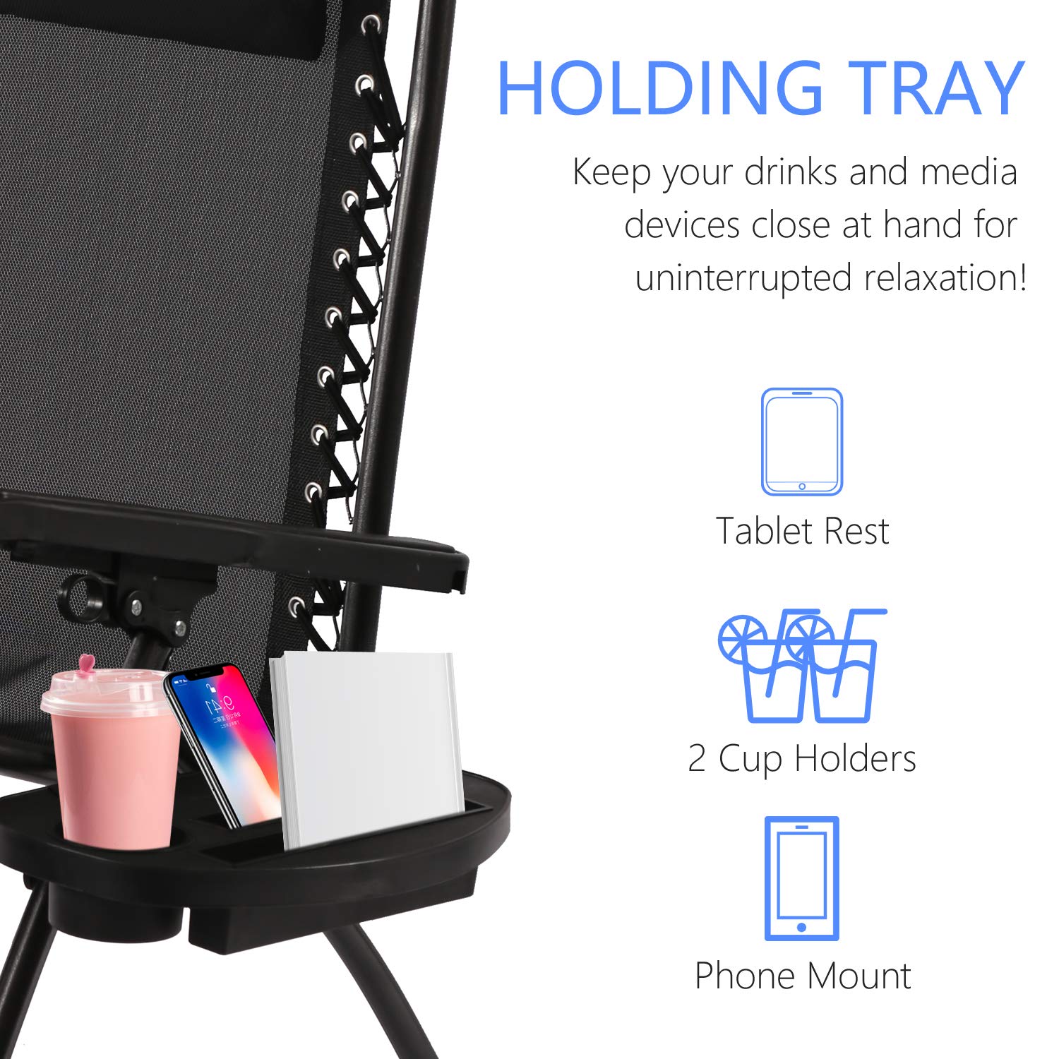 Zero Gravity Chairs Set of 2 with Sunshade Canopy and Cup Holder Tray