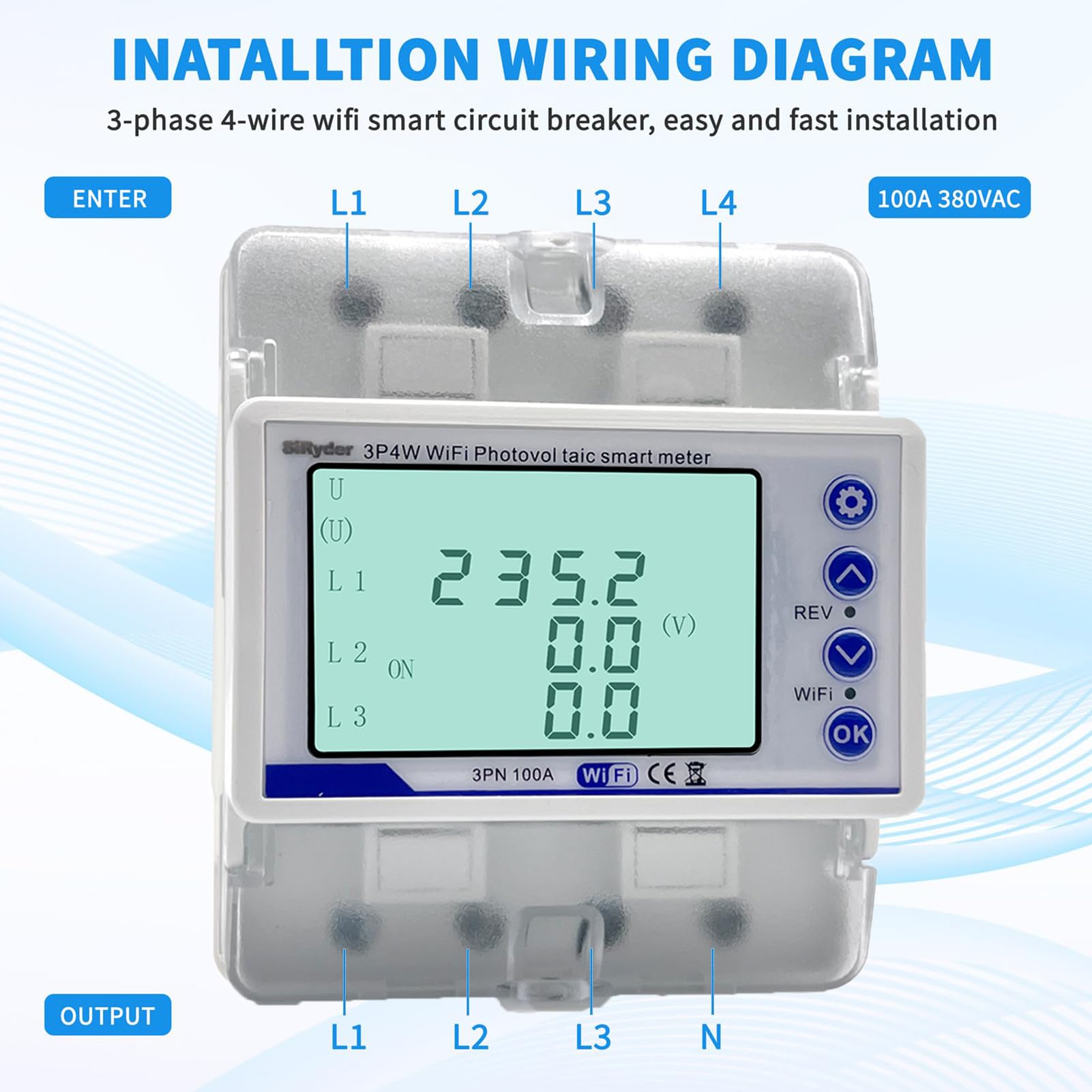 Contatore Energia Elettrica Wifi, 380VAC 100A Misuratore Consumo Elettrico WLAN Protezione di Richiusura Intelligente,Visualizzazione Energia Elettrica
