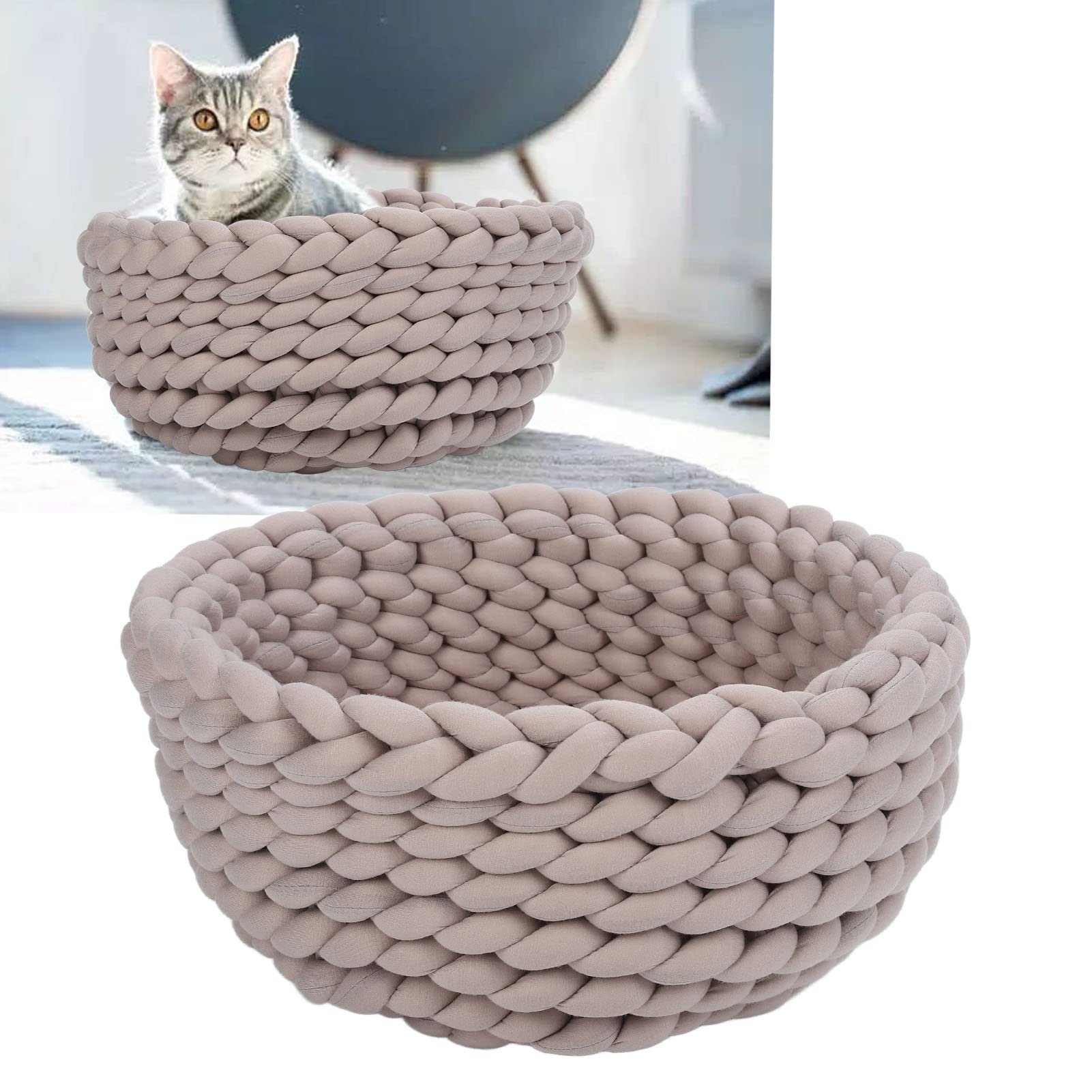 Tyenaza Handgefertigtes Gestricktes Haustierbett, Hochdichtes Hunde-Katzen-Rundpolster, Maschinenwaschbar, Katzenzubehör, Warmes, Gewebtes Katzennest, Gemütlicher Kuschelkorb Für Hunde Und Katzen