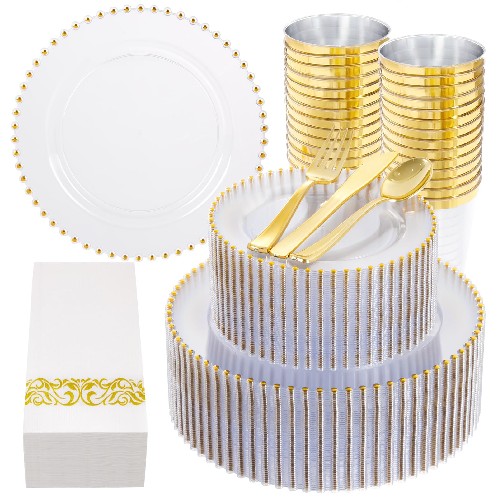 Photo 1 of [PARTIAL SET: NO PLATES] LIYH 350 Pcs Clear Gold Plastic Plates - Disposable Dinnerware Set Include Elegant Dinner & Dessert Plate Cups Gold Silverware for Birthday Party Wedding - Clear Gold 50 Guests