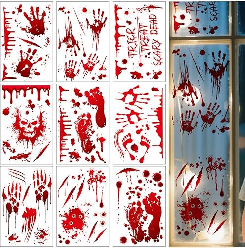 9 hojas de Halloween para ventana, diseño de huellas de manos sangrientas espeluznantes, huellas aterradoras, calavera, calcomanías de vidrio