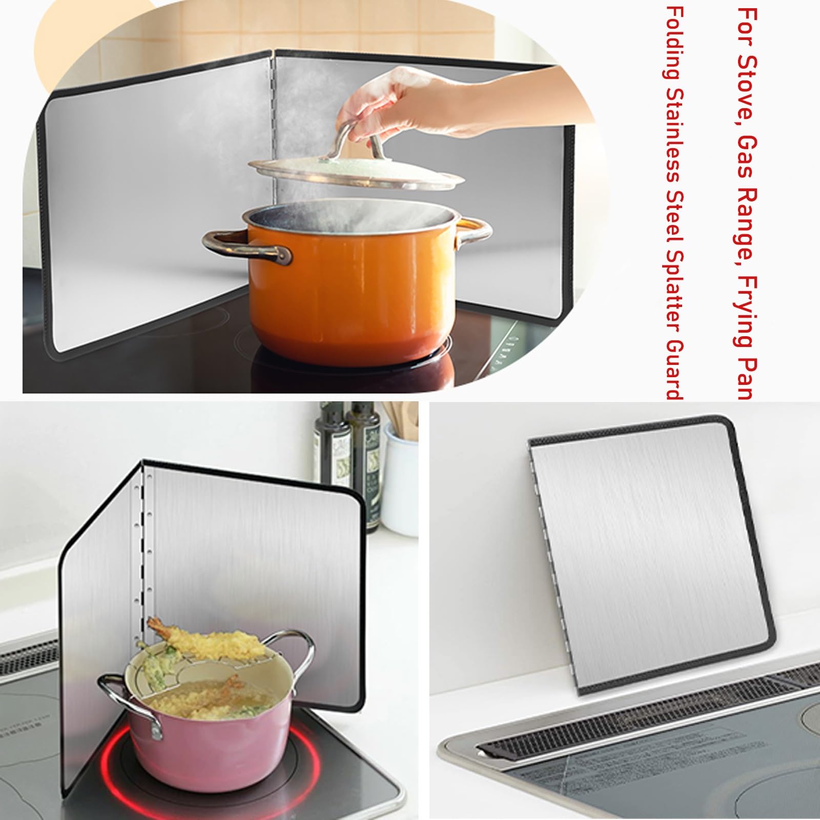 Juego de 2 protectores plegables de acero inoxidable para estufa, de doble cara, 35 x 35 cm, protector de grasa para cocina, fácil de limpiar, tamaño ajustable para seguridad en la cocina