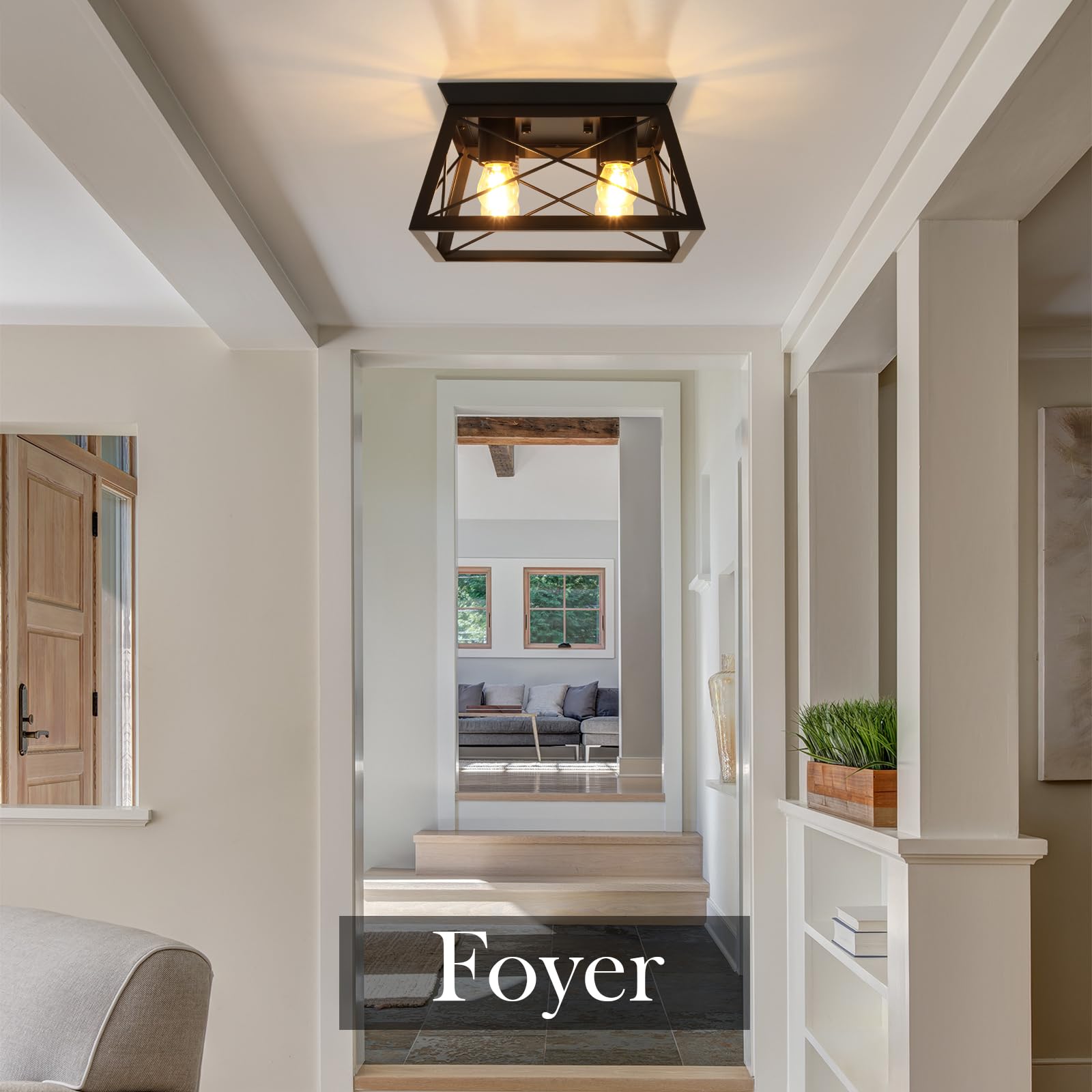 Farmhouse Ceiling Light Fixtures Black Flush Mount Ceiling Light 4-Light Metal-Framed Ceiling Lights, Industrial Flush Mount Ceiling Light for Kitchen Dining Room Bedroom Foyer Hallway Living Room