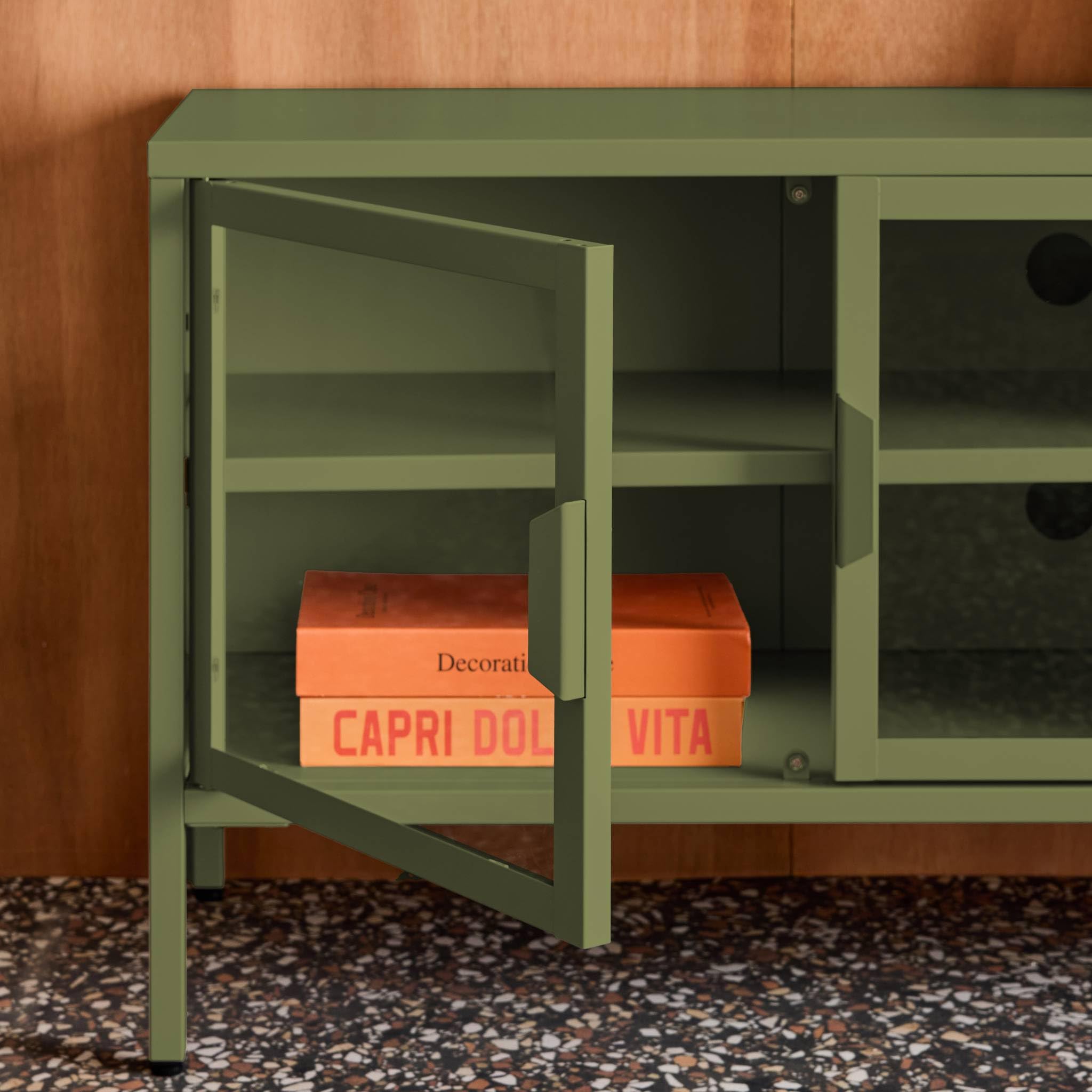 Alice's Garden sweeek-Mueble de TV Industrial de Metal y Vidrio Templado con 3 Puertas, 120cm Verde - 120x35x55 cm | Arkansas