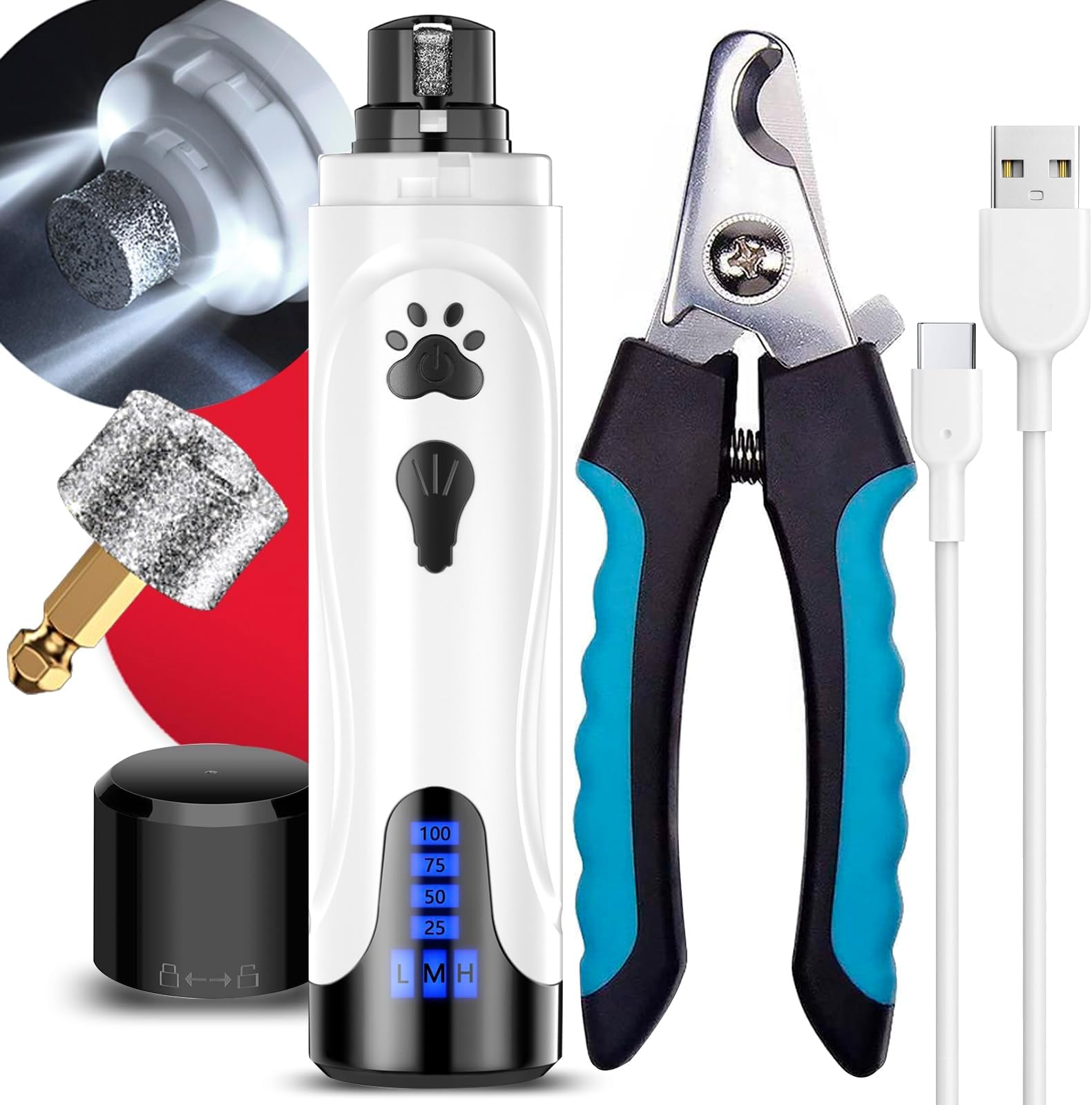 YABIFE Dog Nail Trimmers and Dog Nail Clippers Kit, Whisper Quiet Electric Grinder with Light, for Small, Medium, Large Dogs, Cats Toenail Grooming, 3 Speeds