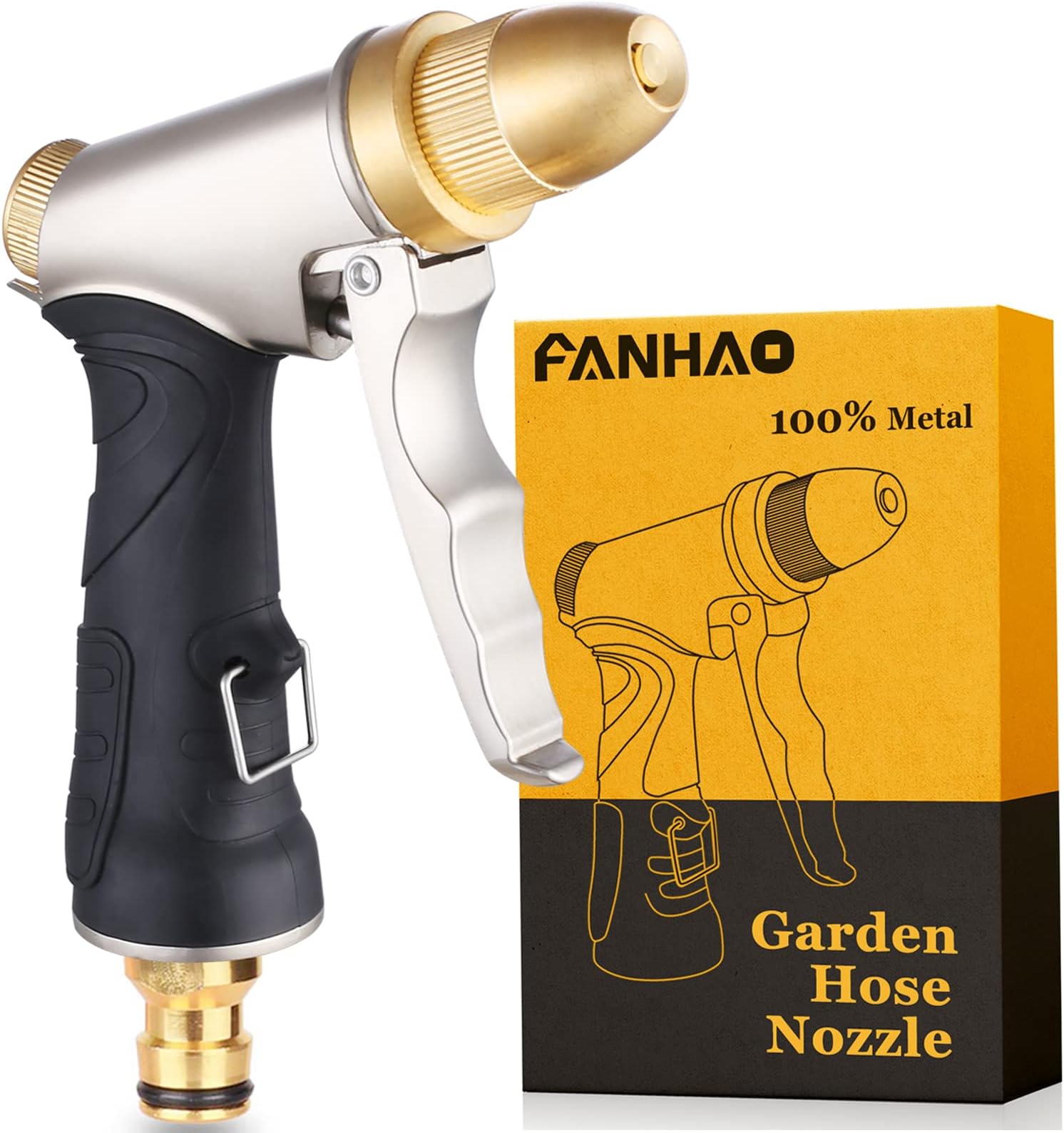 FANHAO Garden Hose Spray Gun with Adjustable Patterns, 100% Heavy Duty Metal Hose Pipe Spray Gun High Pressure Hose Nozzle for Lawn and Garden, Car & Pet Washing, Full Brass Nozzle + Non-Slip Grip