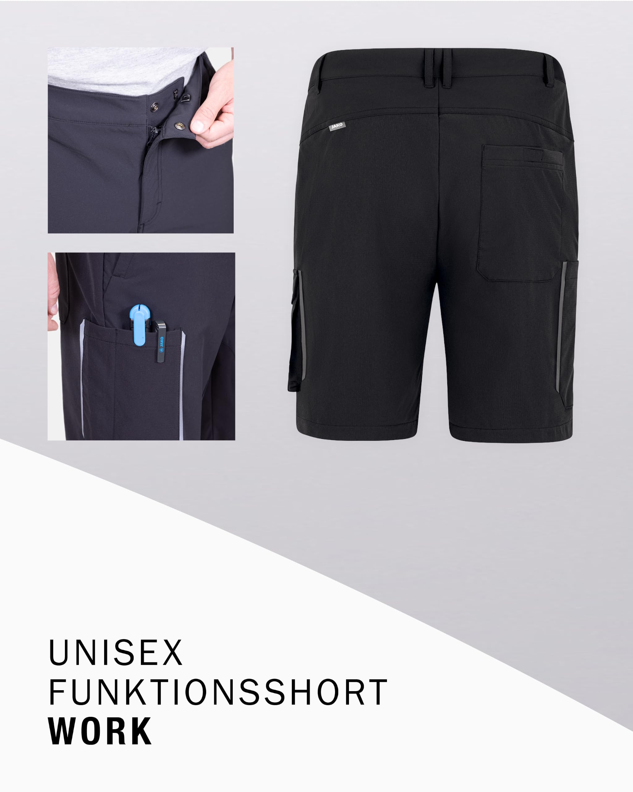 JAKO Corporate Teamwear Kurze Funktionshose Work – Ergonomische Arbeitshose für Herren mit 4-Wege-Stretch, Reflektoren & Cargo-Taschen für Arbeitsmaterial