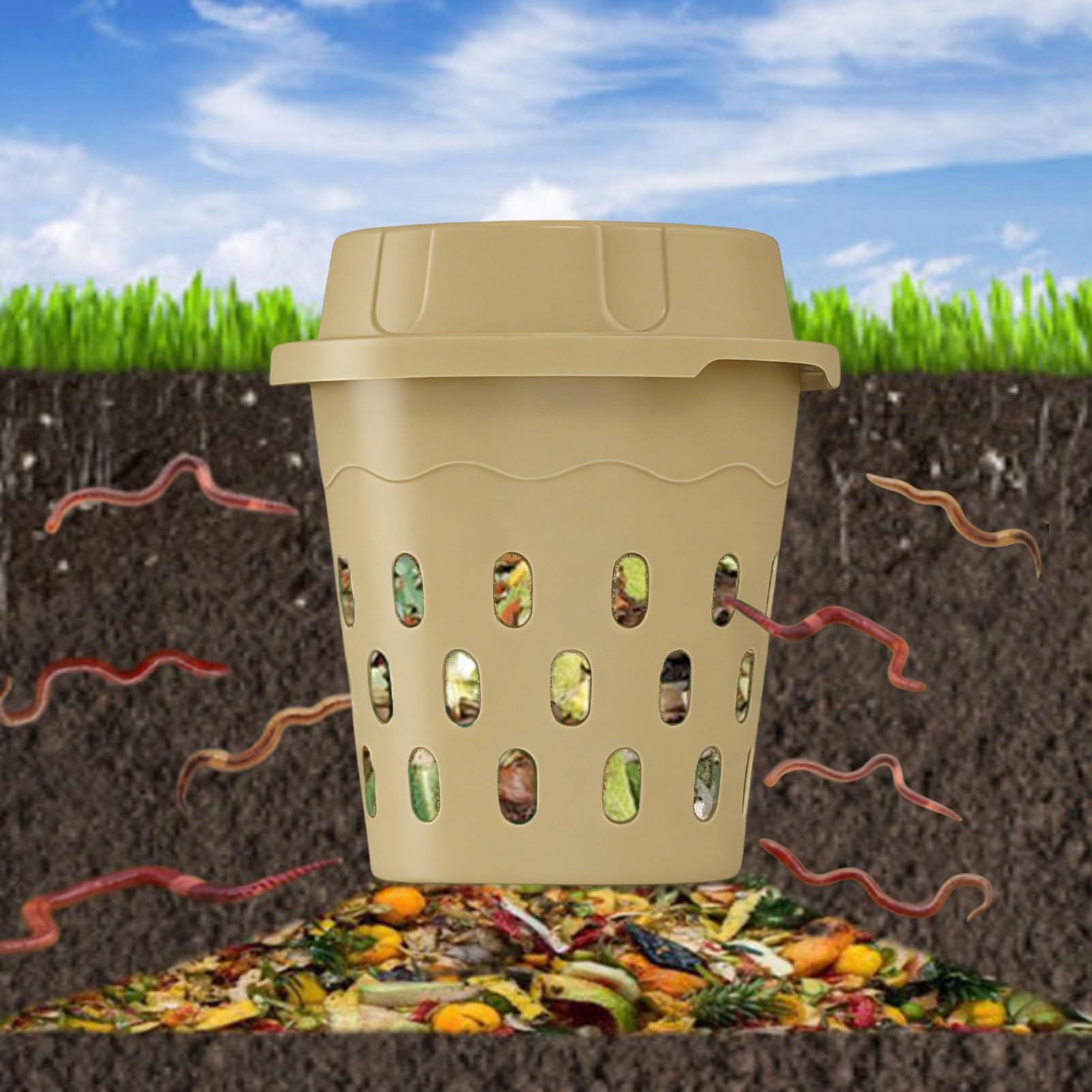 Worm Composter Bin - 27.4cm Inground Vermicomposting Container, Ventilated Organic Waste Converter, Secure Lid Compost System | Soil Fertility Booster for Vegetable Beds Gardens Farms Backyard Plots — view 3