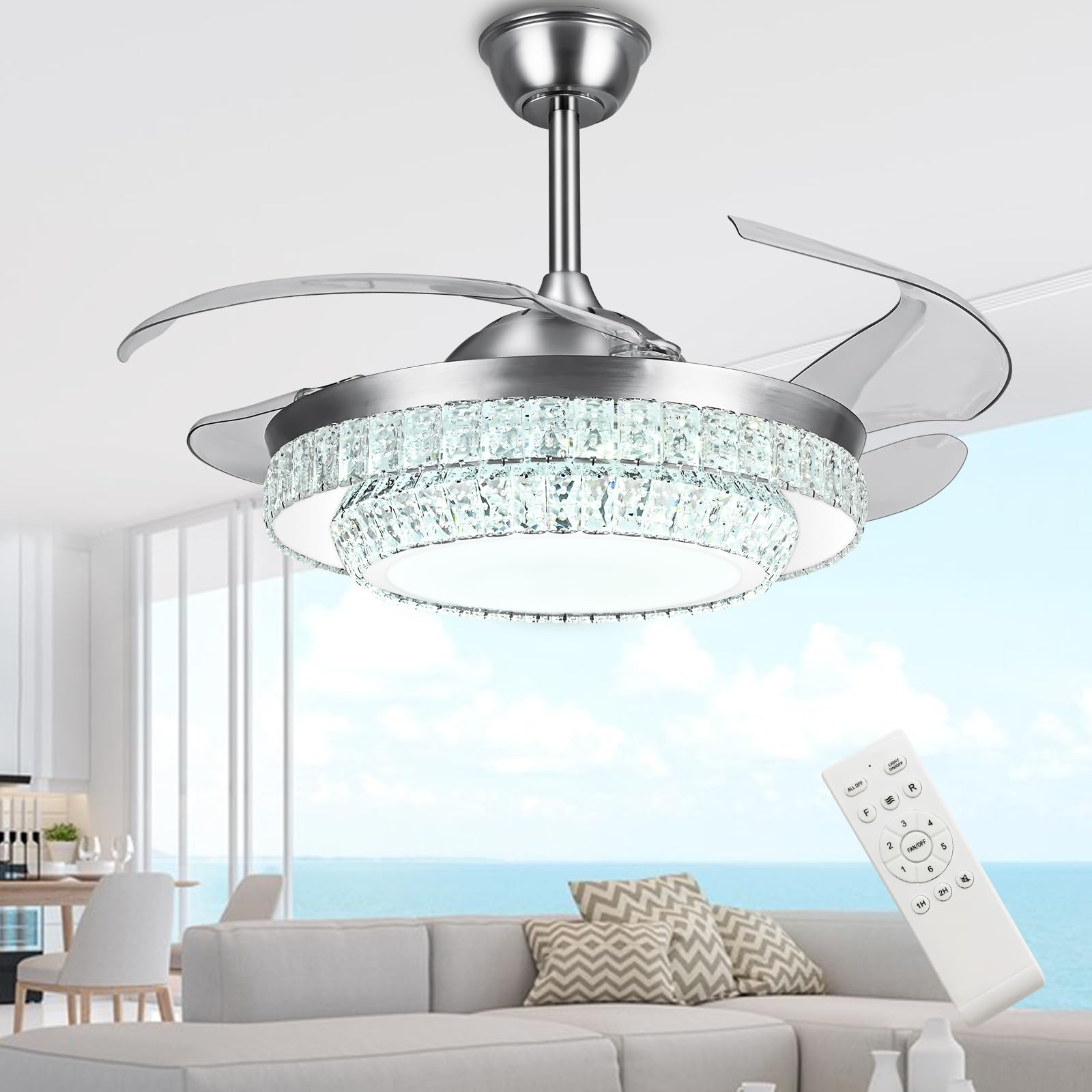 LUZHOY Retractable Ceiling Fan with Lights, 42 Inch Modern Fandelier Ceiling Fan with Remote Control, 6 Wind Speeds Chandelier Crystal Ceiling Fans for Bedroom Living Room Kitchen Dining Room