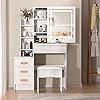 Dressing Table with LED Lights with Adjustable Brightness,Vanity Table with Mirror,4 Drawers,6 Shelves,Makeup Table with Mirror and Stool,Modern Makeup Vanity Desk with Mirror and Chair for Bedroom W