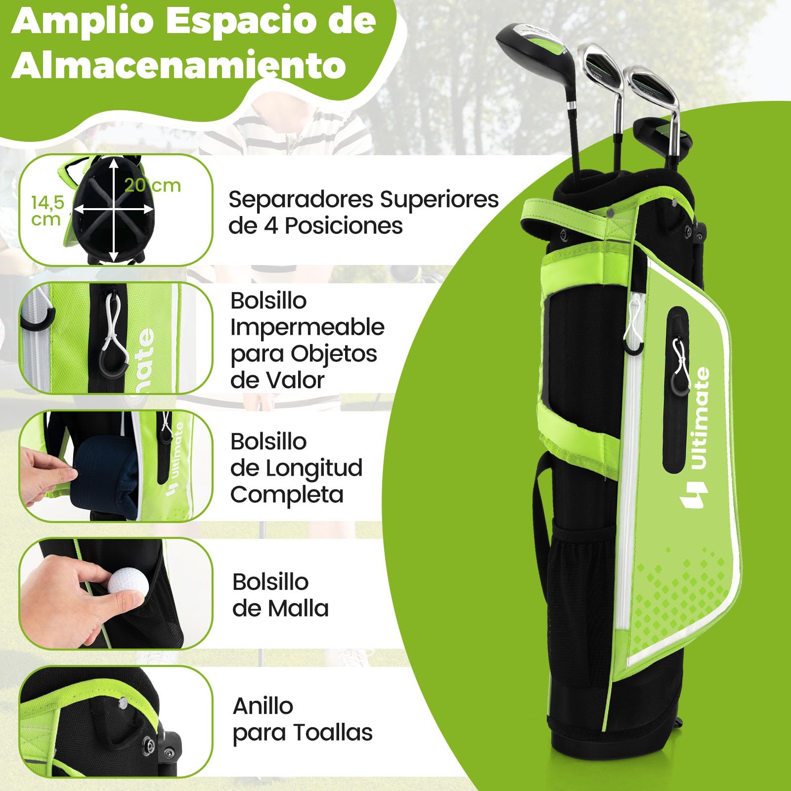 GYMAX Juego Completo De Palos De Golf para Niños Diestros De 8 A 10 Años, Incluye Fairway De Madera N.° 1 con Cubierta para La Cabeza, Hierros N.° 7 Y N.° S, Putter Y Bolso con Capucha
