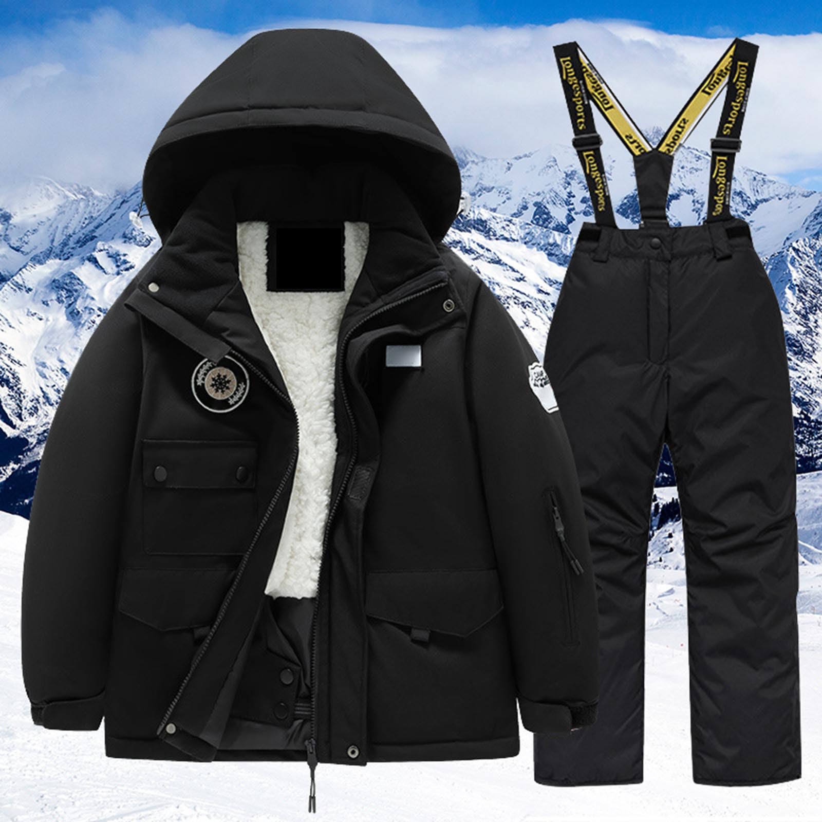 Generisch Traje de esquí para niños, 2 piezas, a prueba de viento, traje de nieve con capucha, chaqueta de esquí cálida y pantalones, ropa de esquí deportiva, impermeable, juego de snowboard