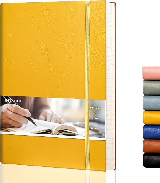 EMSHOI B5 Ruled Notebook Faux Leather Journal 204 Page 100gsm Premium Paper with Pen Loop, Softcover Writing Composition Notepad Notebooks for Office Home School Business, Large 19 x 25 cm, Yellow