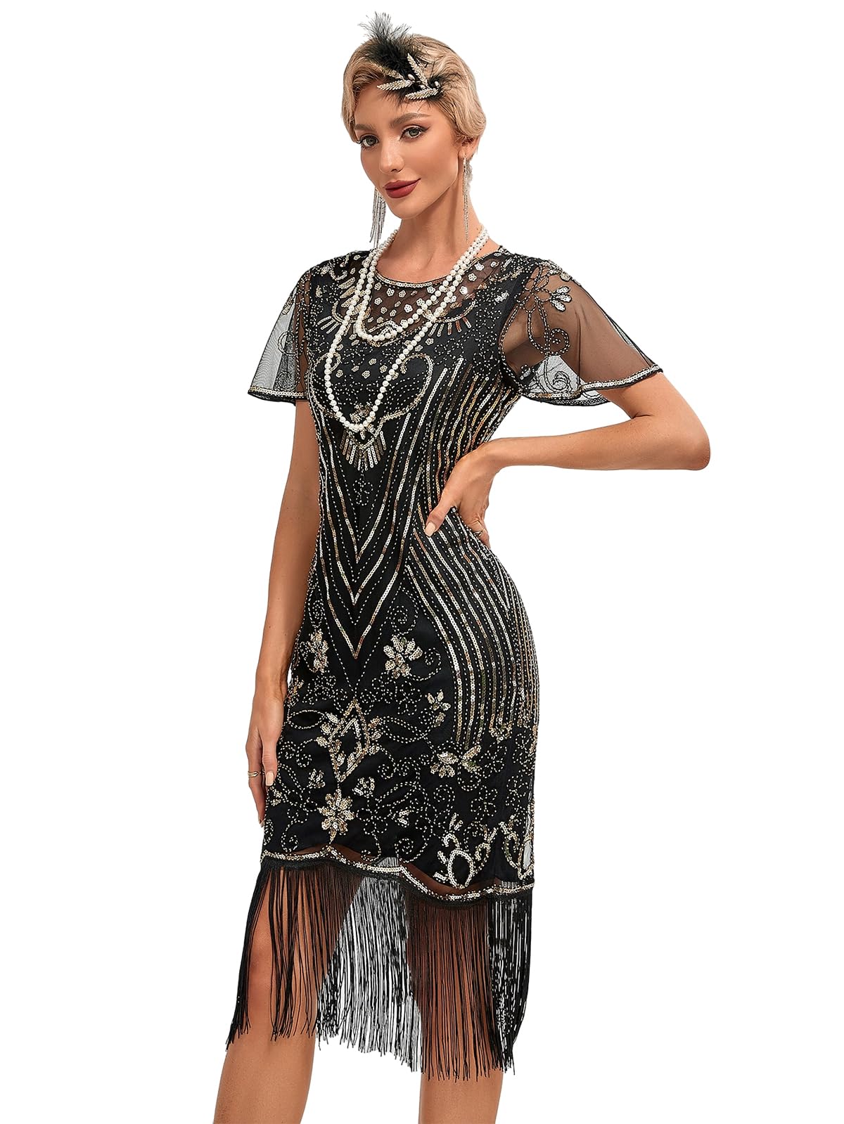 Viloree Mujer Flapper Vestidos 1920s Cuello En V con Flecos De Cuentas Gran Gatsby Vestido Lentejuelas Vestido Deco