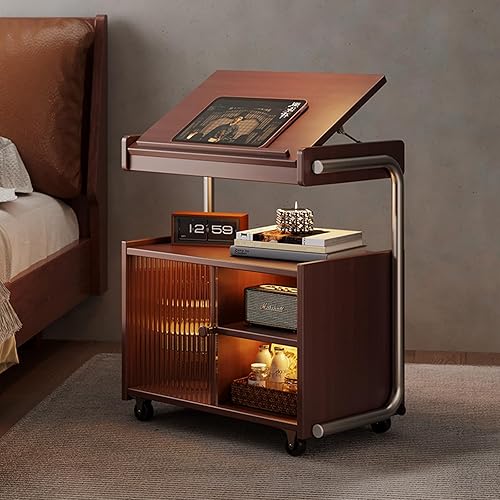 Miniatura 1 de Mesa auxiliar de madera maciza con ruedas, mesa auxiliar con almacenamiento, armario de almacenamiento multifuncional con amplio espacio para sala