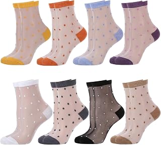 8 Pairs Women Sheer Ankle Socks See-Through Sock with Mesh Polka Dot | Colorful Striped Dots Ultra-Thin Glass Sock Cute Ultrathin Transparent Mesh Socks Summer Ultra Thin Lace Stocking for Women G