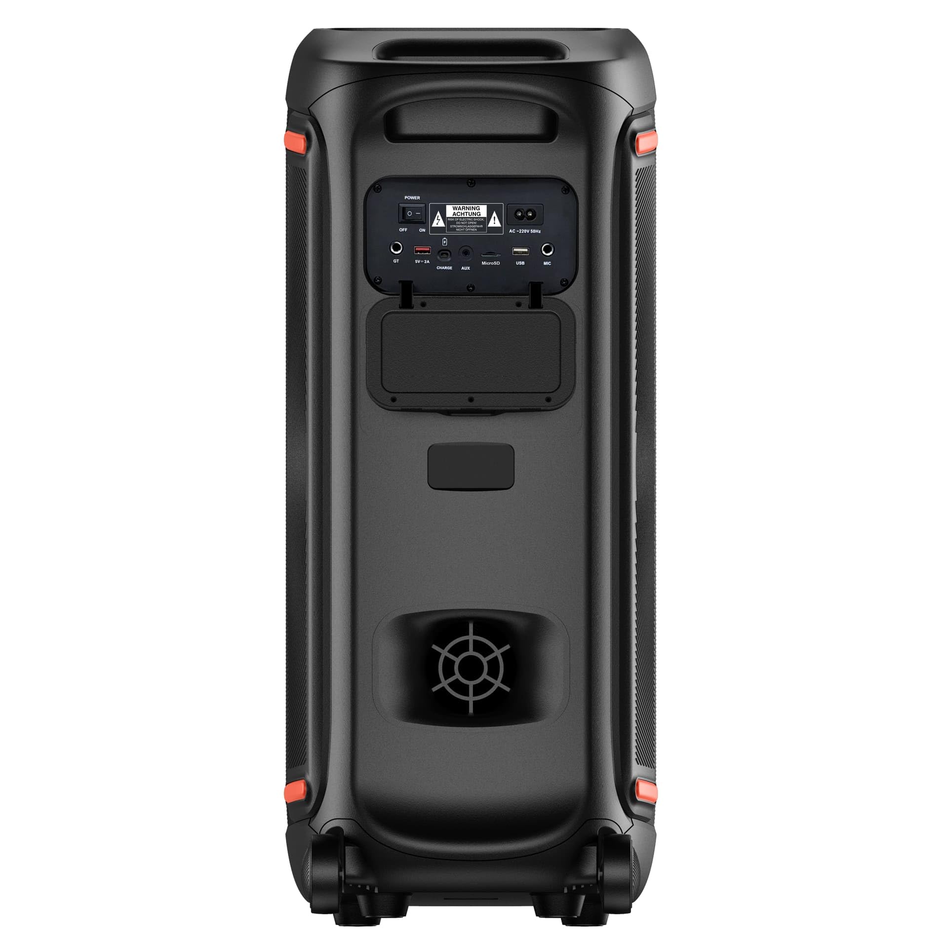 Denver BPS-470 - Bluetooth Party Lautsprecher Groß 2000W mit LED RGB Licht | 2x10 Zoll Woofer, Mikrofon & Fernbedienung, TWS Stereo-Paarung, AUX/USB/MicroSD, IPX4, 6000mAh Akku mit Rollen, 85 cm