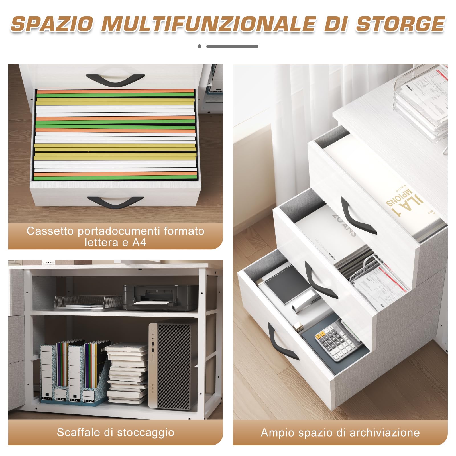 TRIUMPHKEY Scrivania Angolo per Computer 140x105x75cm, Forma di L Con 3 Cassetti, 2 Porte USB e 2 Prese di Corrente, per Casa Ufficio, Bianco