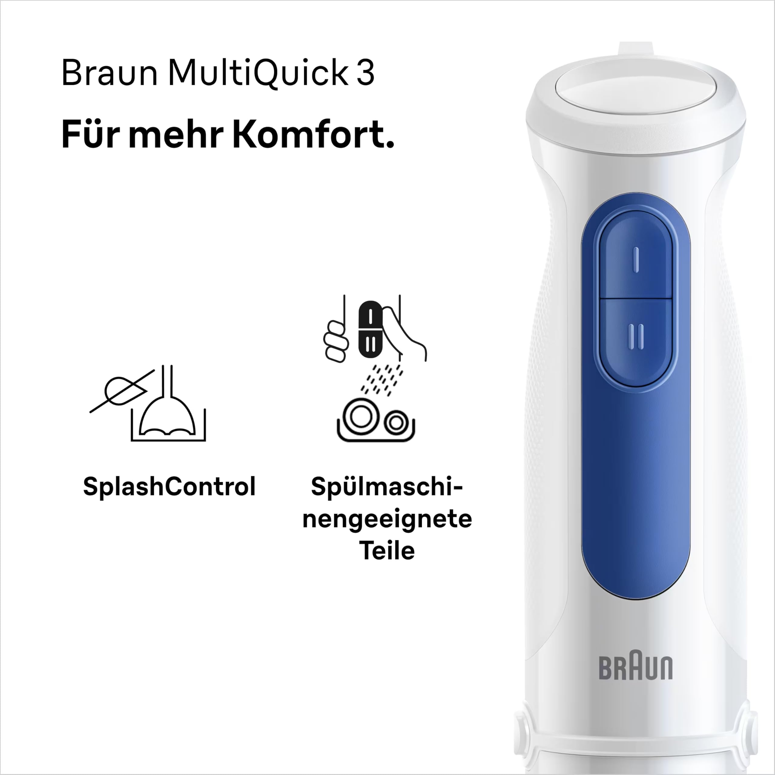 Braun MultiQuick 3 MQ30.001M, minipimer z technologią PowerBell VPlus, 2 prędkości + Turbo, system EasyClick Plus do akcesoriów, technologia zapobiegająca rozpryskiwaniu, kubek 600 ml, 900 W, biały