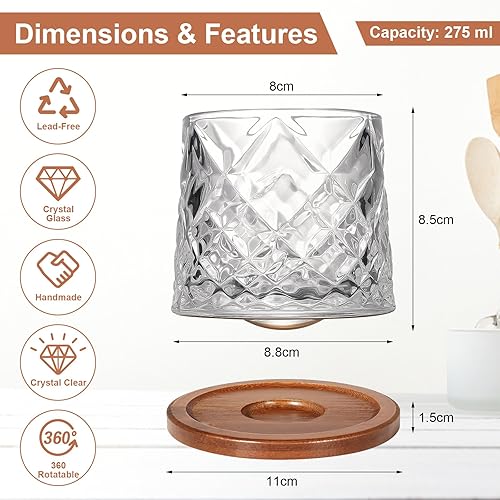 Miniatura 3 de Vaso giratorio de vidrio antiguo de 9.3 fl oz10 onzas, juego de 2, posavasos de madera, espesante, utilizado como taza de vidrio de ron, cóctel,