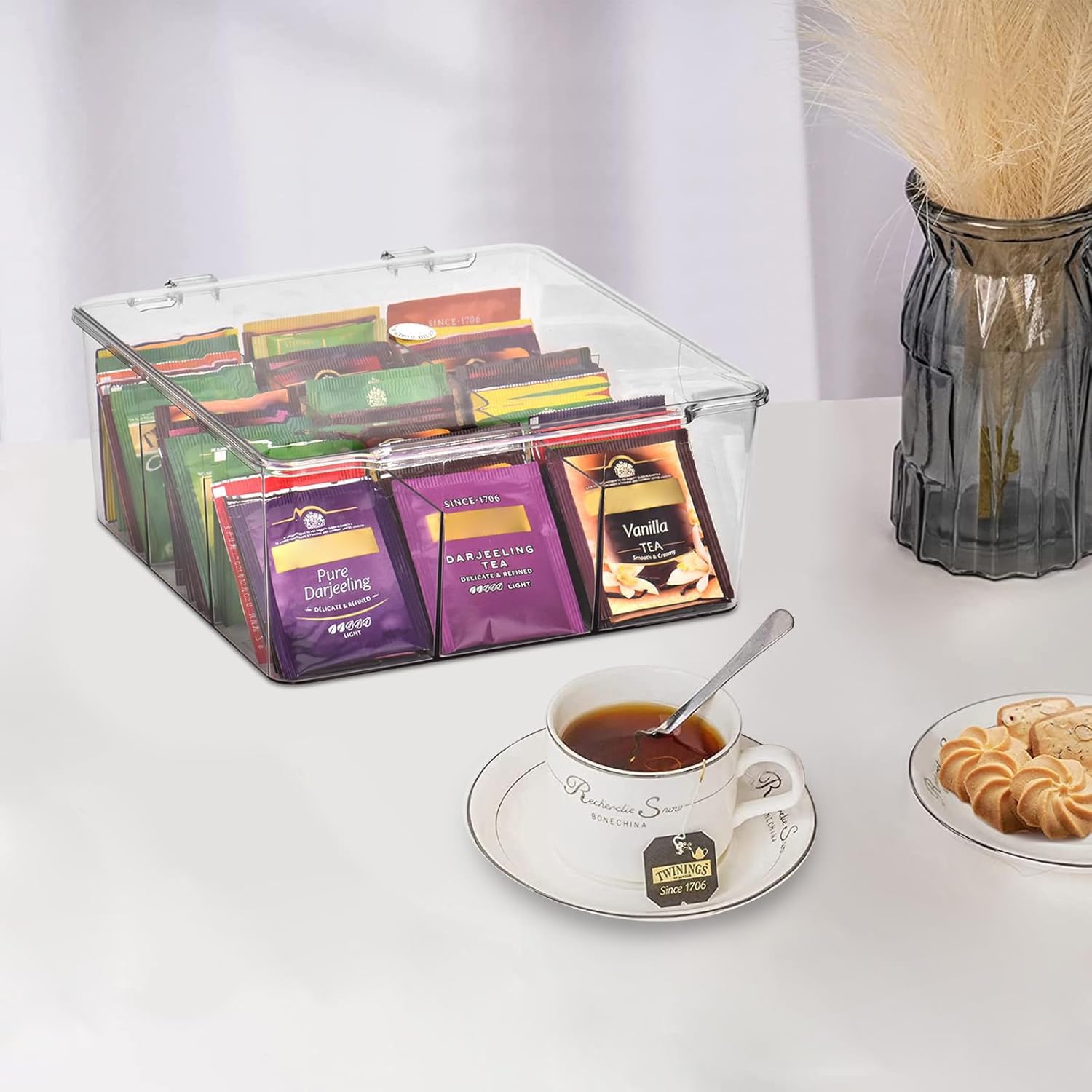 Organizador Transparente para Bolsas de Té con 9 Compartimentos - Caja de Plástico para Té, Azúcar, Cápsulas de Café u Otras Piezas Pequeñas