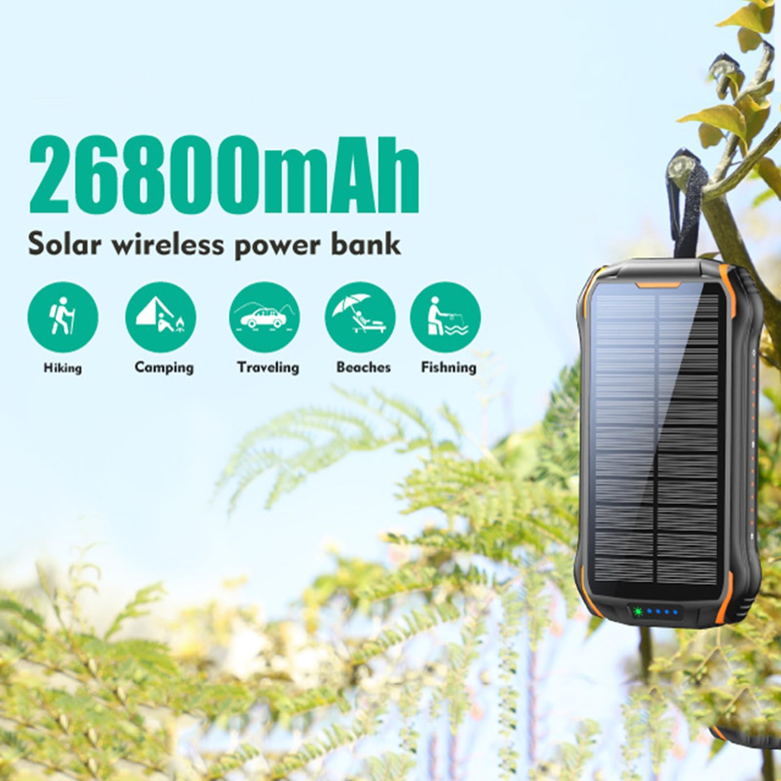 Power Bank Multifunzionale Impermeabile all'aperto 26800mAh PD18W Power Bank Solare a Carica Rapida con Torcia elettrica,Blue