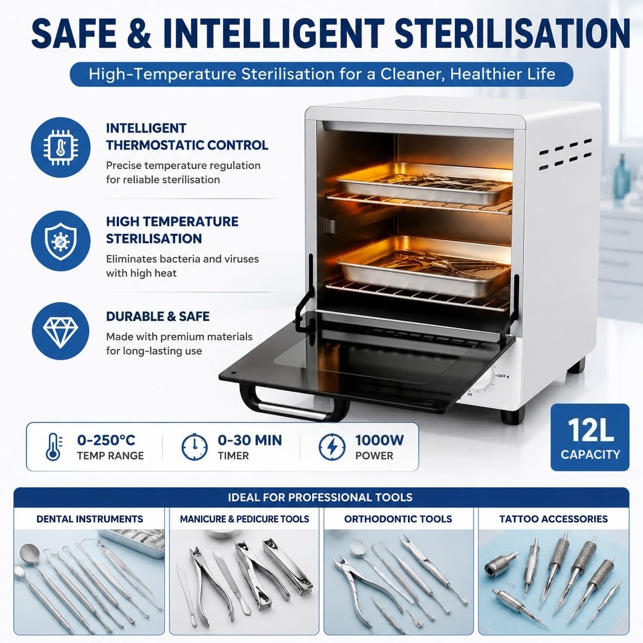 Heißluftsterilisator 12 L, Professioneller Trockensterilisator, Instrumentensterilisator 1000 W mit Doppelkammer, Temperaturregelung 0–250 °C & 0–30 Min Timer, Desinfektionsgerät für Instrumente