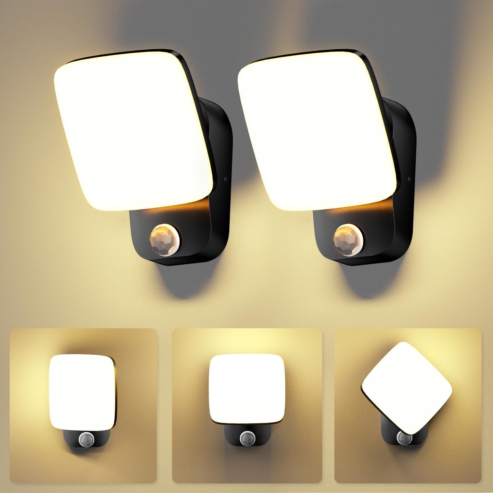 2 Piezas Aplique Pared Exterior con Sensor de Movimiento, Aplique Pared Interior 18W 3000K LED Luz exterior Impermeable IP65 Focos LED Exterior para Entrada Terraza Pasillo (Negro)