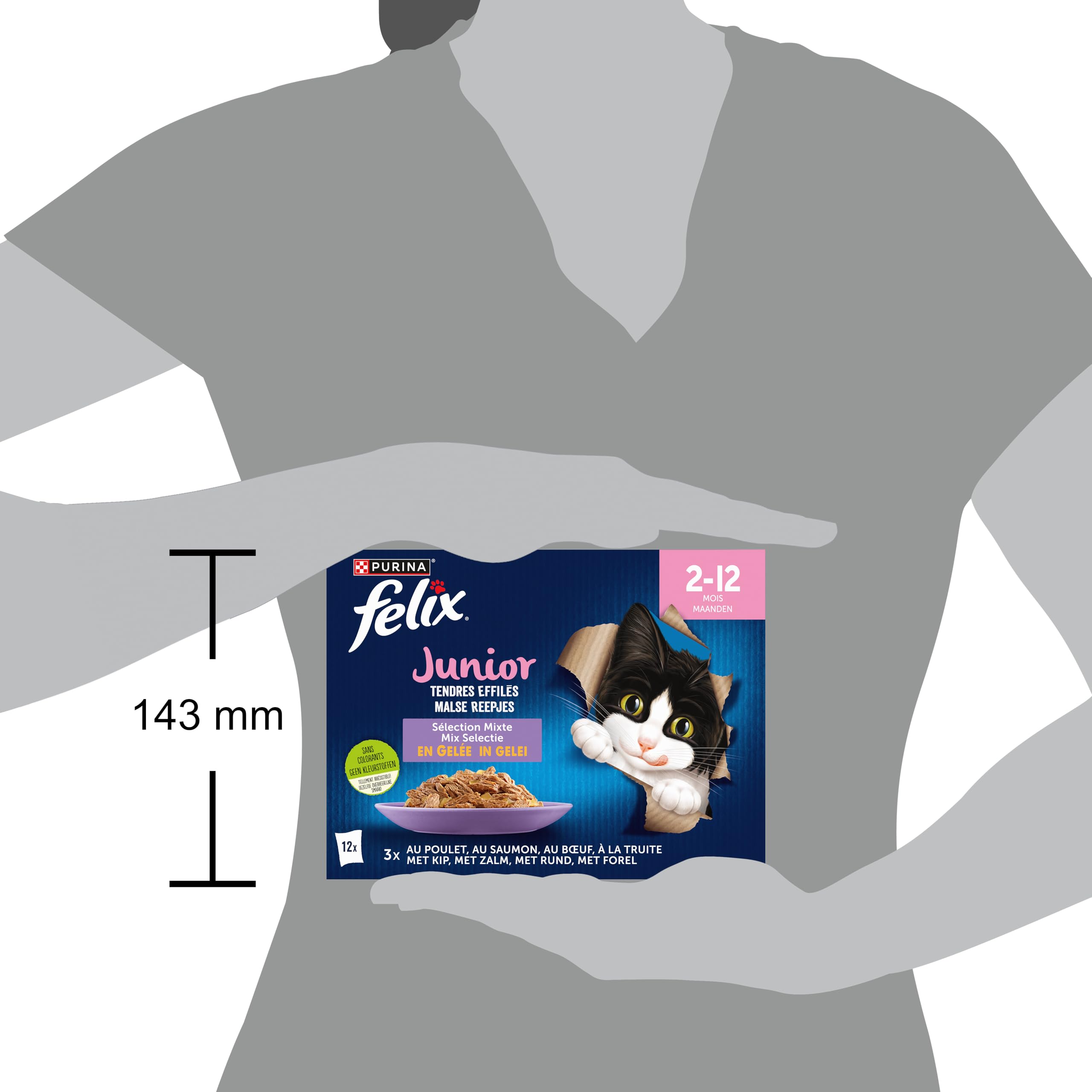 PURINA - Felix - Tendres Effilés Junior - Chat - Aliment Complet, Convient au Chaton stérilisé - Au Poulet, Au Boeuf, Au Saumon et à la Truite - Gelée - Portion Individuelle - 12 x 85g