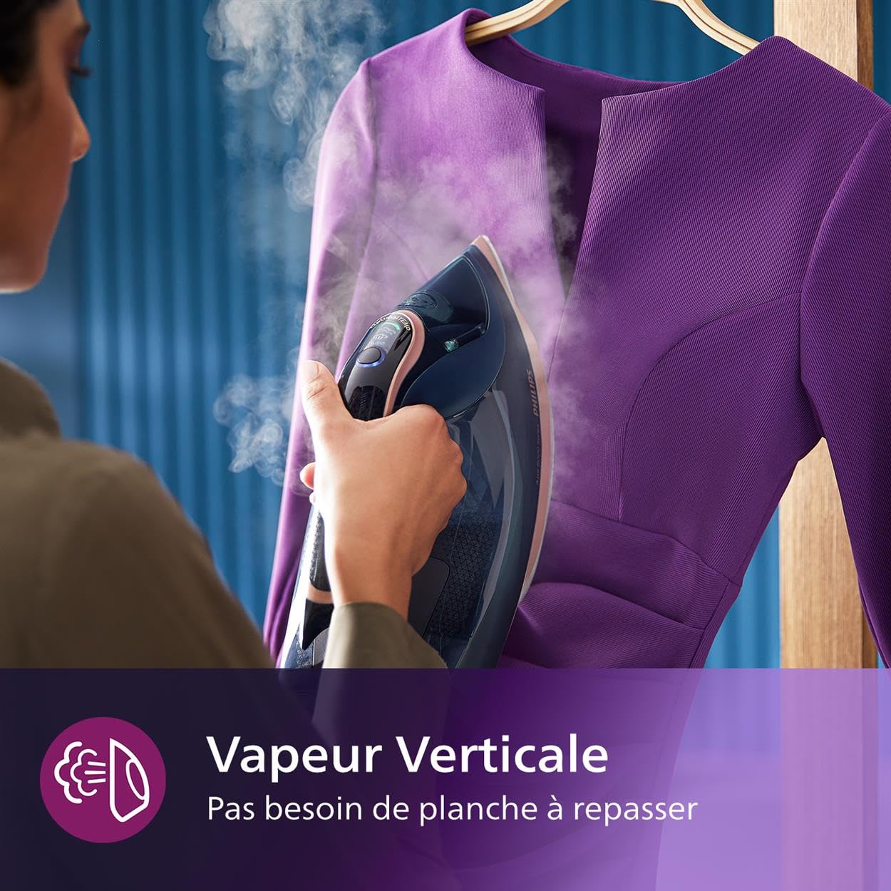 Philips Azur 8000 Series Fer À Vapeur - 85 g/min De Vapeur Continue, Effet Pressing Jusqu' À 260 g, 3000 W, Technologie OptimalTEMP, Semelle SteamGlide Elite, Bleu Foncé (DST8050/20)