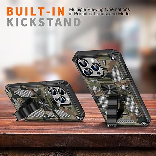 Miniatura 3 de CCSmall Funda de camuflaje para iPhone 15 Pro Max con soporte de metal, funda de teléfono de camuflaje integrada con soporte de anillo giratorio de