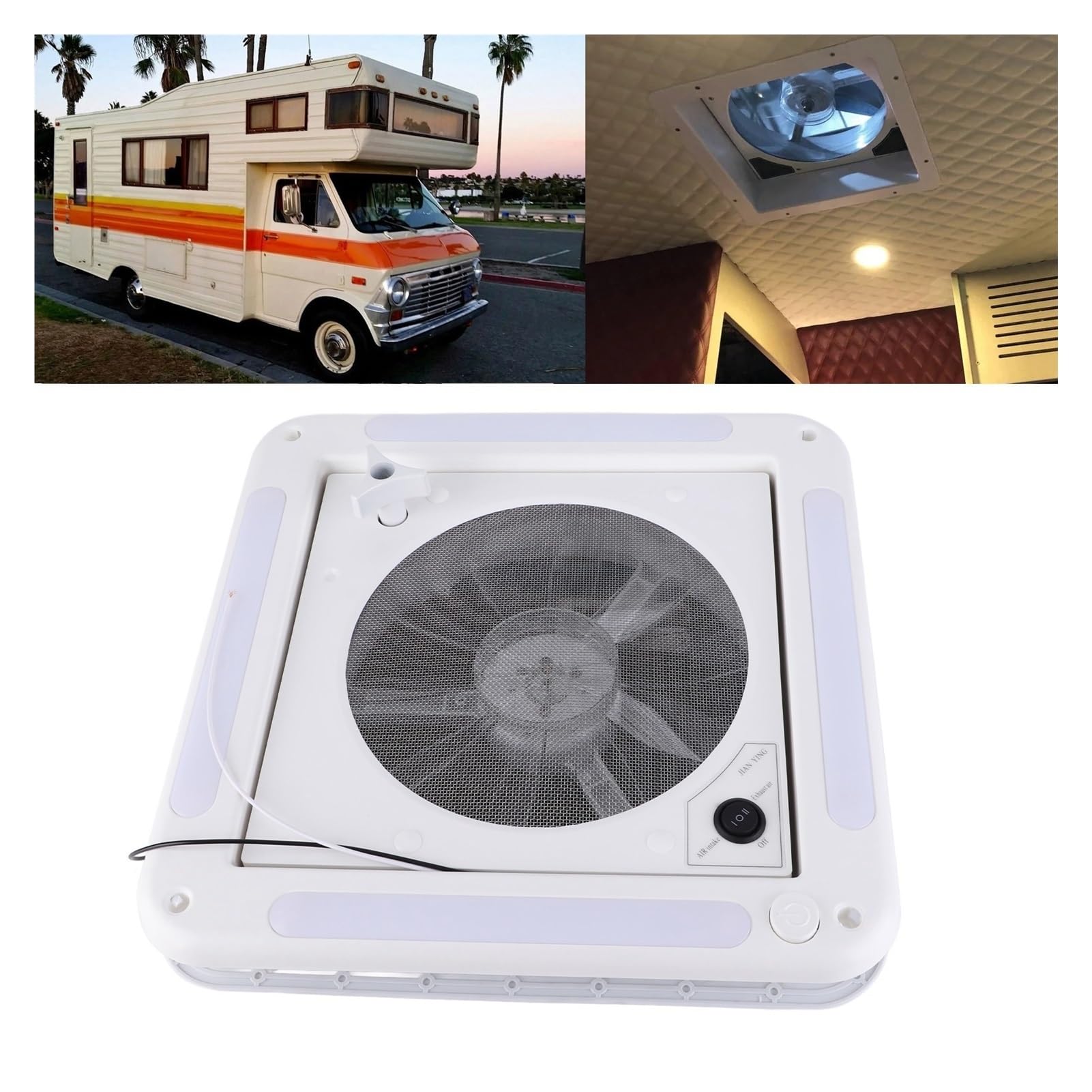 Wohnmobil-Dachventilator, RV-Dachventilator, 12 V, 360 x 360 mm, 10 Flügel, Dual-Modus, Lufteinlass, Auslass, 4 LEDs