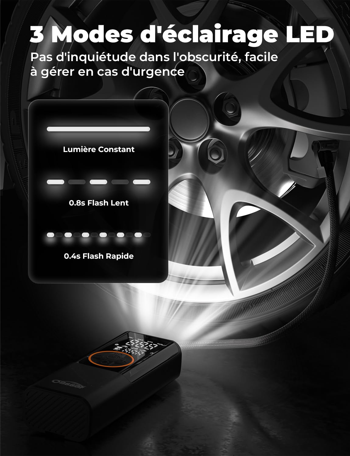 Oasser Gonfleur Pneus Voiture sans Fil 6000mAh Mini Compresseur à Air Portatif 150 PSI (10,3 Bar) Inflation Rapide Cylindre 19 mm Affiche 2 Valeur avec 3M Allume-Cigare 12V et Sac de Rangement