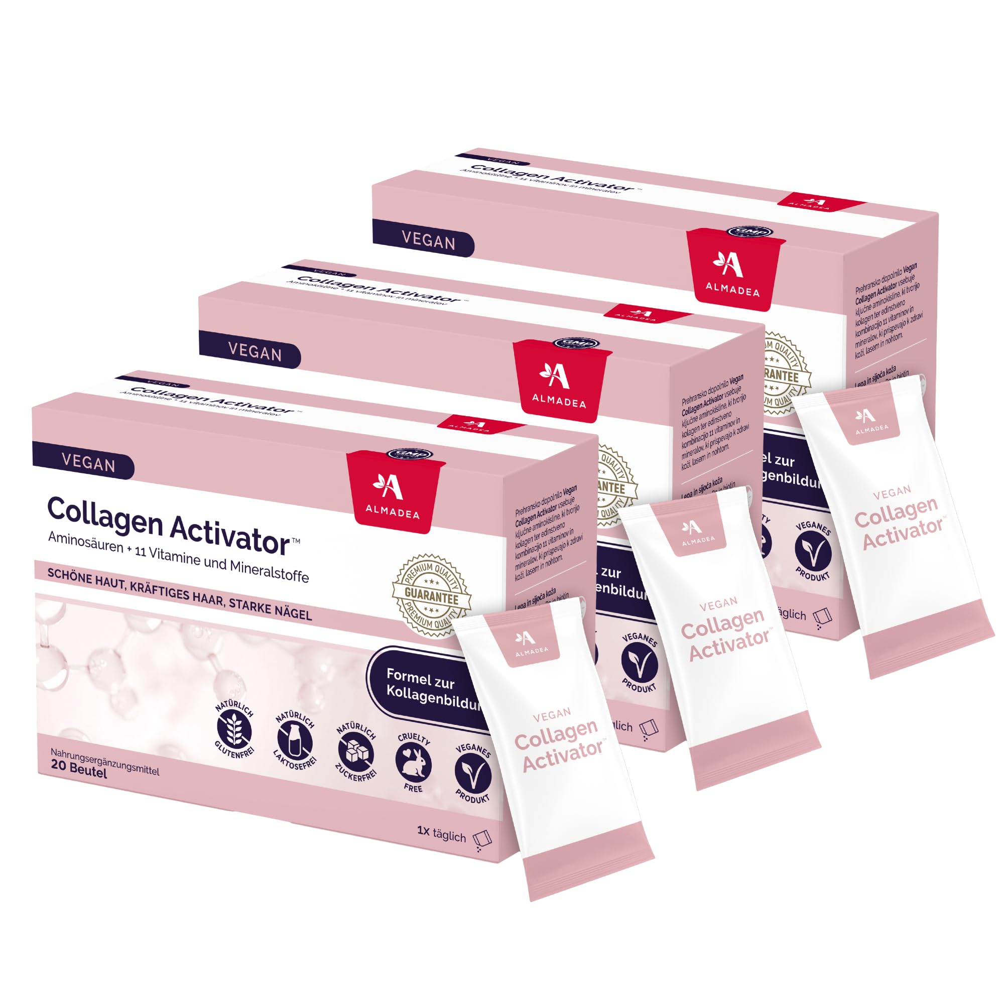 Collagen Activator – Kollagenbildung aktivieren, Für Haut, Haare & Nägel, 14 Aminosäuren + 11 Vitamine & Mineralstoffe, Vegan, 20 Tage Kur (3er-Packung (180 Gramm))
