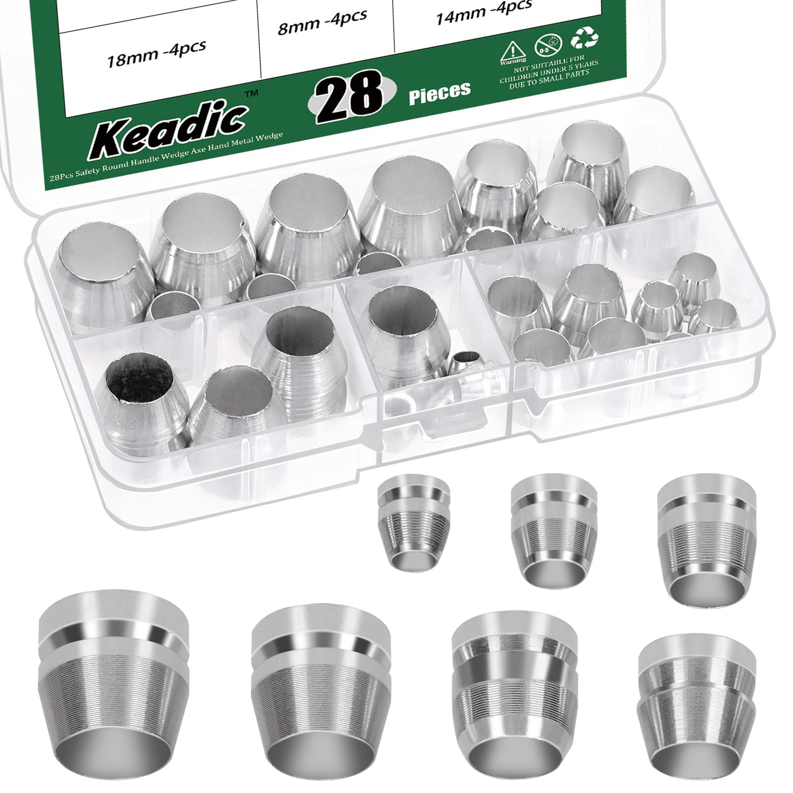 Keadic 28PCS 7 Different Sizes Safety Round Handle Wedges Set Steel Hammer Handle Splitting Wedge Axe Hand Metal Wedge for Axe Claw Hammer Sledge (8/10/12/14/16/18/20mm)