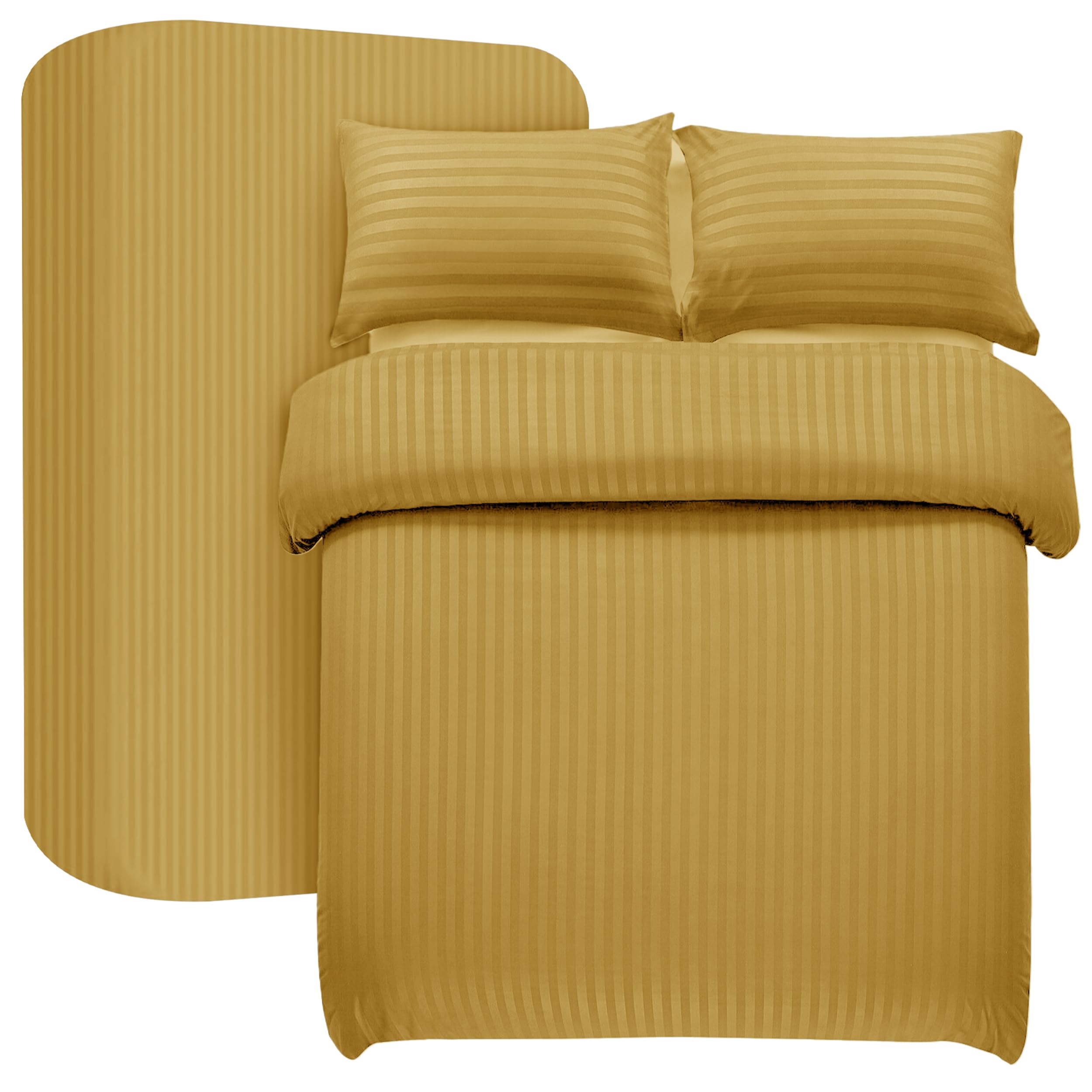 My home store 4 Pcs Satin Stripe Duvet Cover with Fitted Sheet 30 CM Deep & 2 Pillow Cases - King Duvet Cover Set Soft Brushed Microfiber Bedding Set (Ochre)