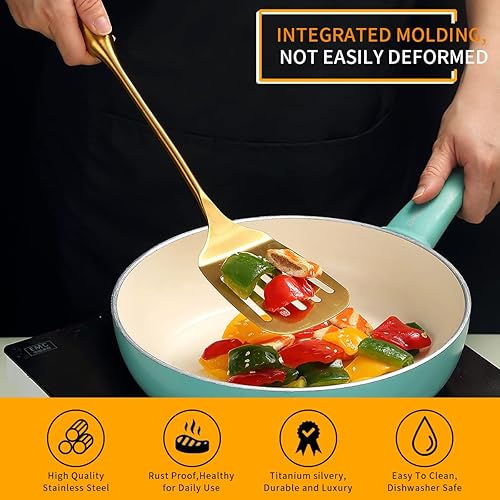 Miniatura 10 de Evanda - Espátula de metal arcoíris para cocinar, espátula ranurada de acero inoxidable chapado en titanio colorido, resistente y resistente,