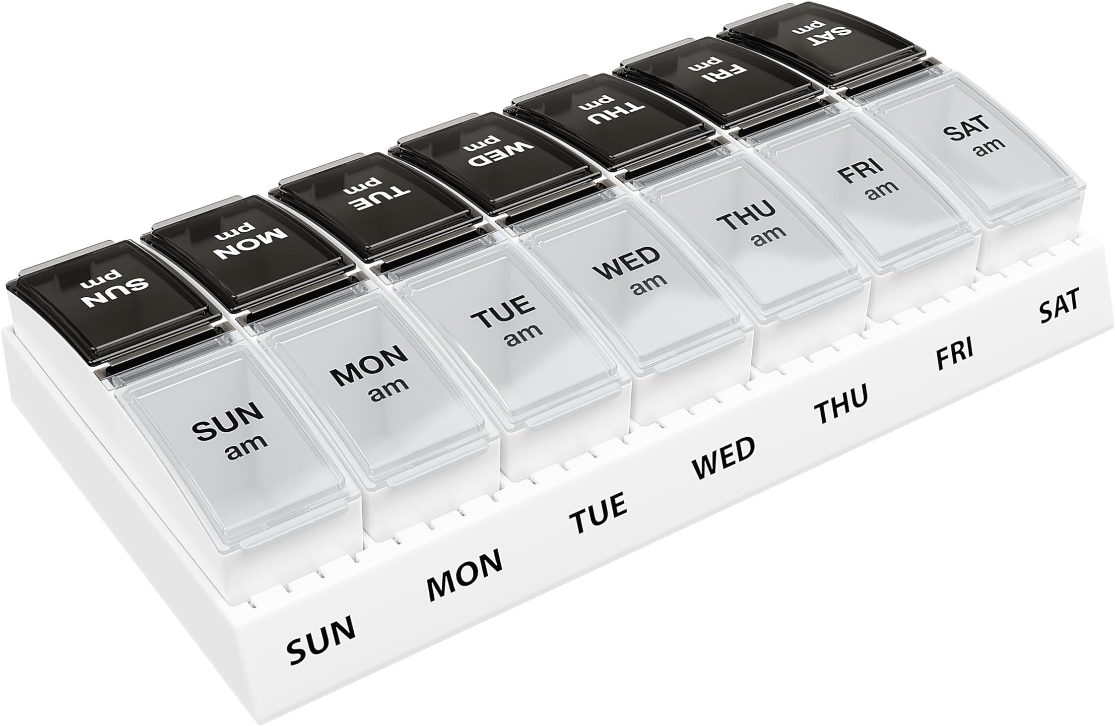 EZY DOSE Weekly (7-Day) AM/PM Pill Case, Medicine Planner, Vitamin Organizer, Small Pop-Out Compartments, 2 Times a Day, Black and Natural Lids