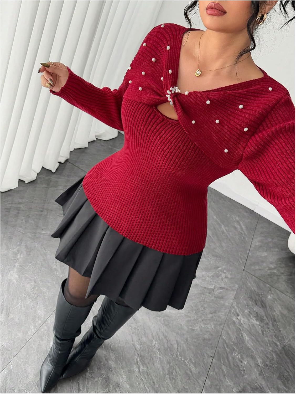 Verdusa Women's Plus Size Pearl Cozy Sweaters Rib Knit Wrap Top Cut Out Pullovers Nye Outfits